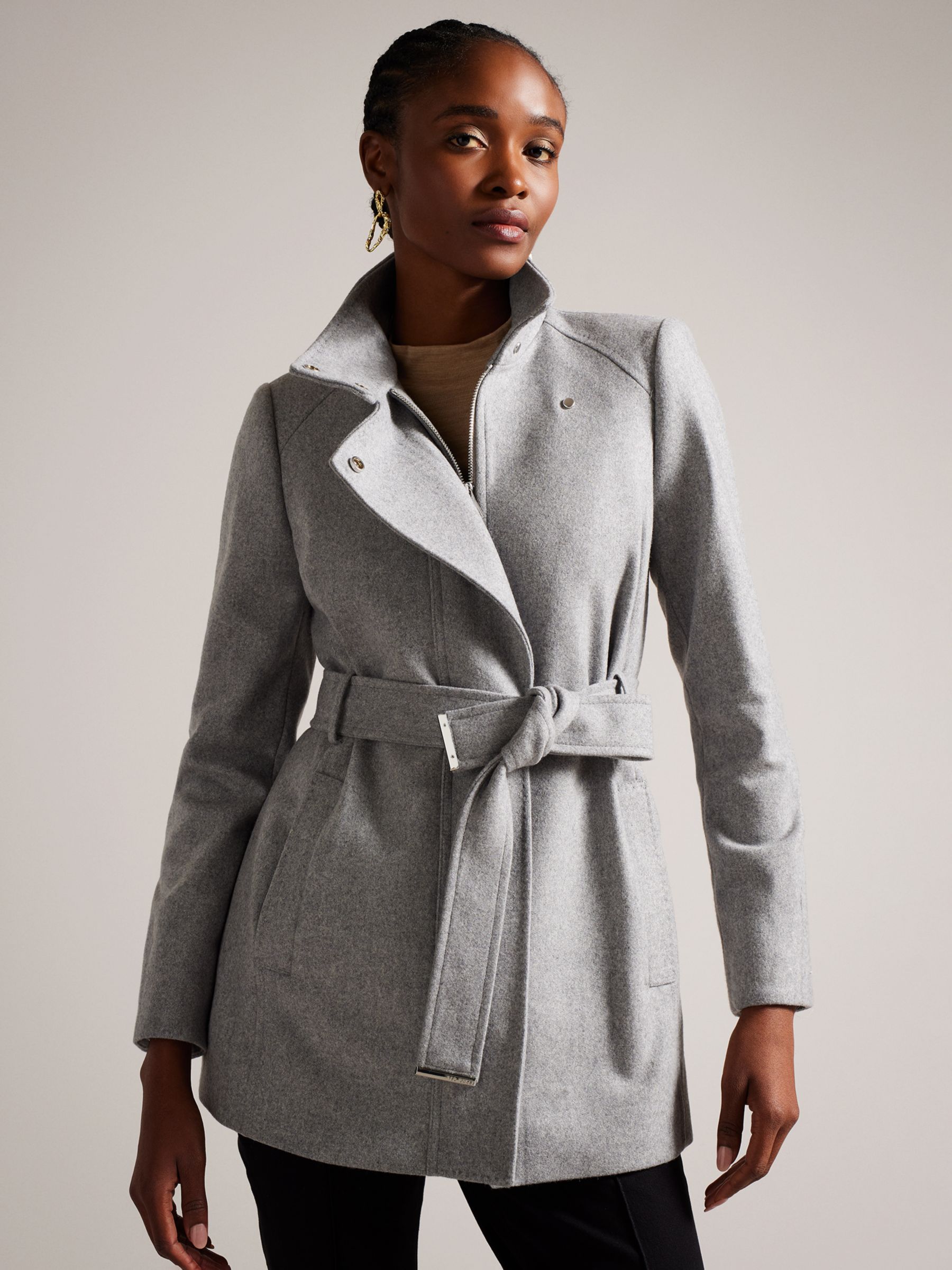 Ted Baker Icombis Wool Blend Short Funnel Neck Coat, Mid Grey at John Lewis  & Partners