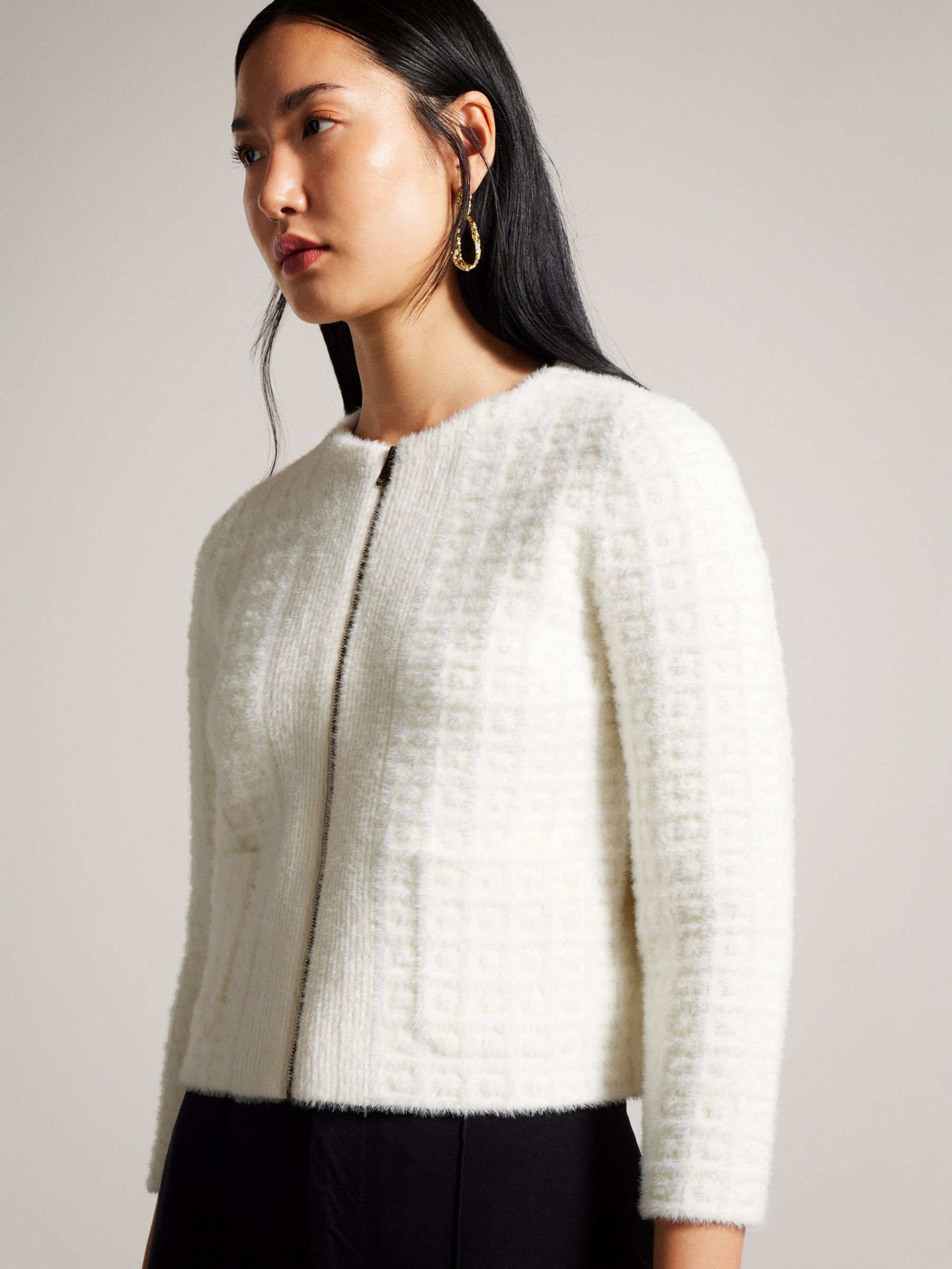 Buy Ted Baker Ulee Jacquard Check Knit Zip Front Cardigan, White Online at johnlewis.com