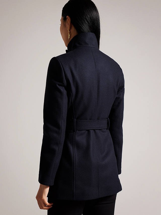 Ted Baker Icombis Wool Blend Short Funnel Neck Coat, Blue Navy