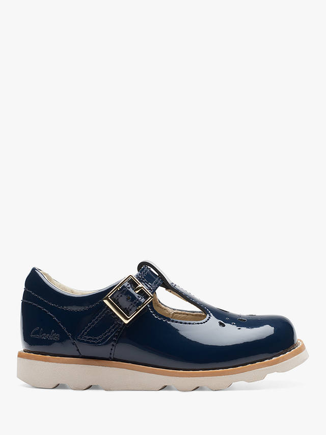 Clarks Kids' Crown Print Leather Patent T-Bar Shoes, Navy