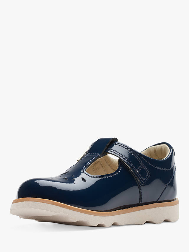 Clarks Kids' Crown Print Leather Patent T-Bar Shoes, Navy