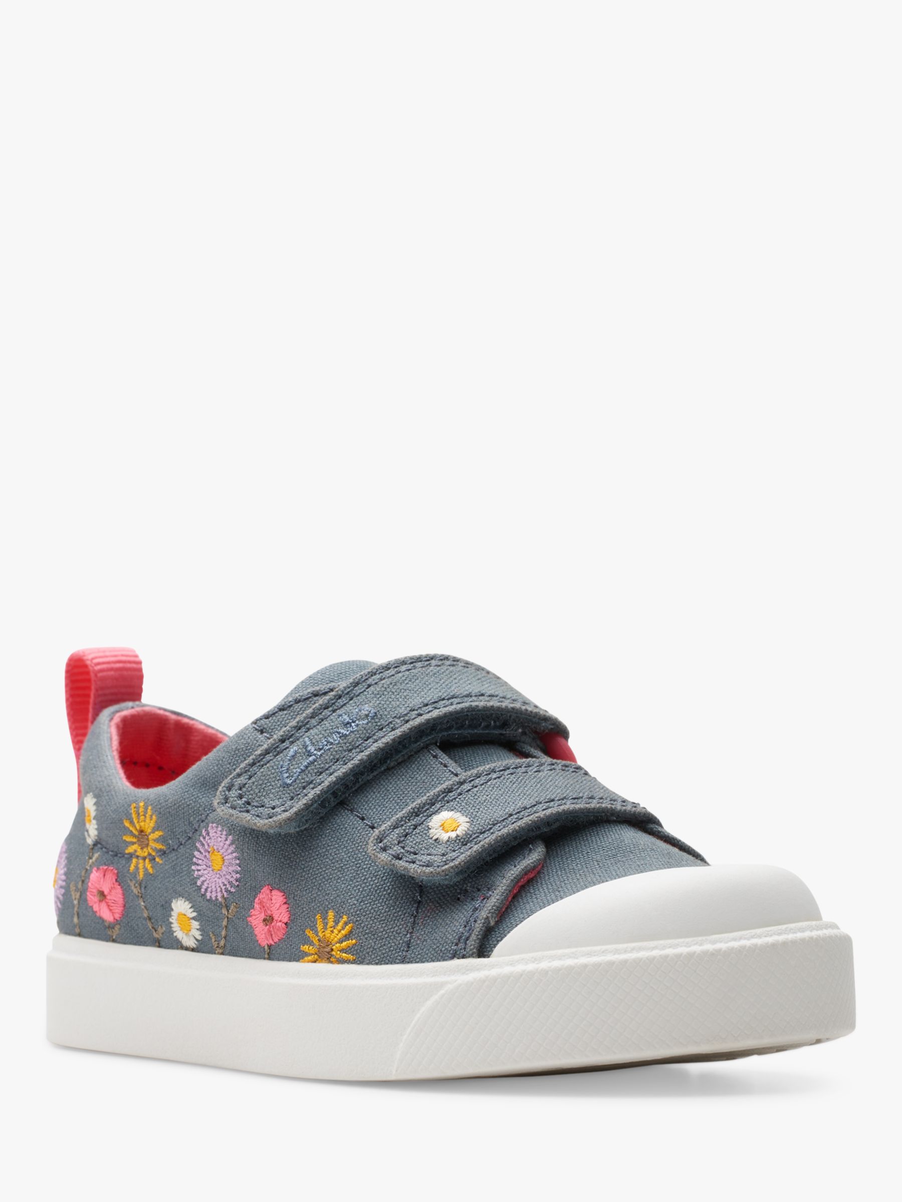 Clarks Kids' City Bright Canvas Floral Embroidered Trainers, Blue, 5.5F Jnr