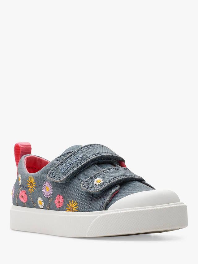 Clarks Kids' City Bright Canvas Floral Embroidered Trainers, Blue