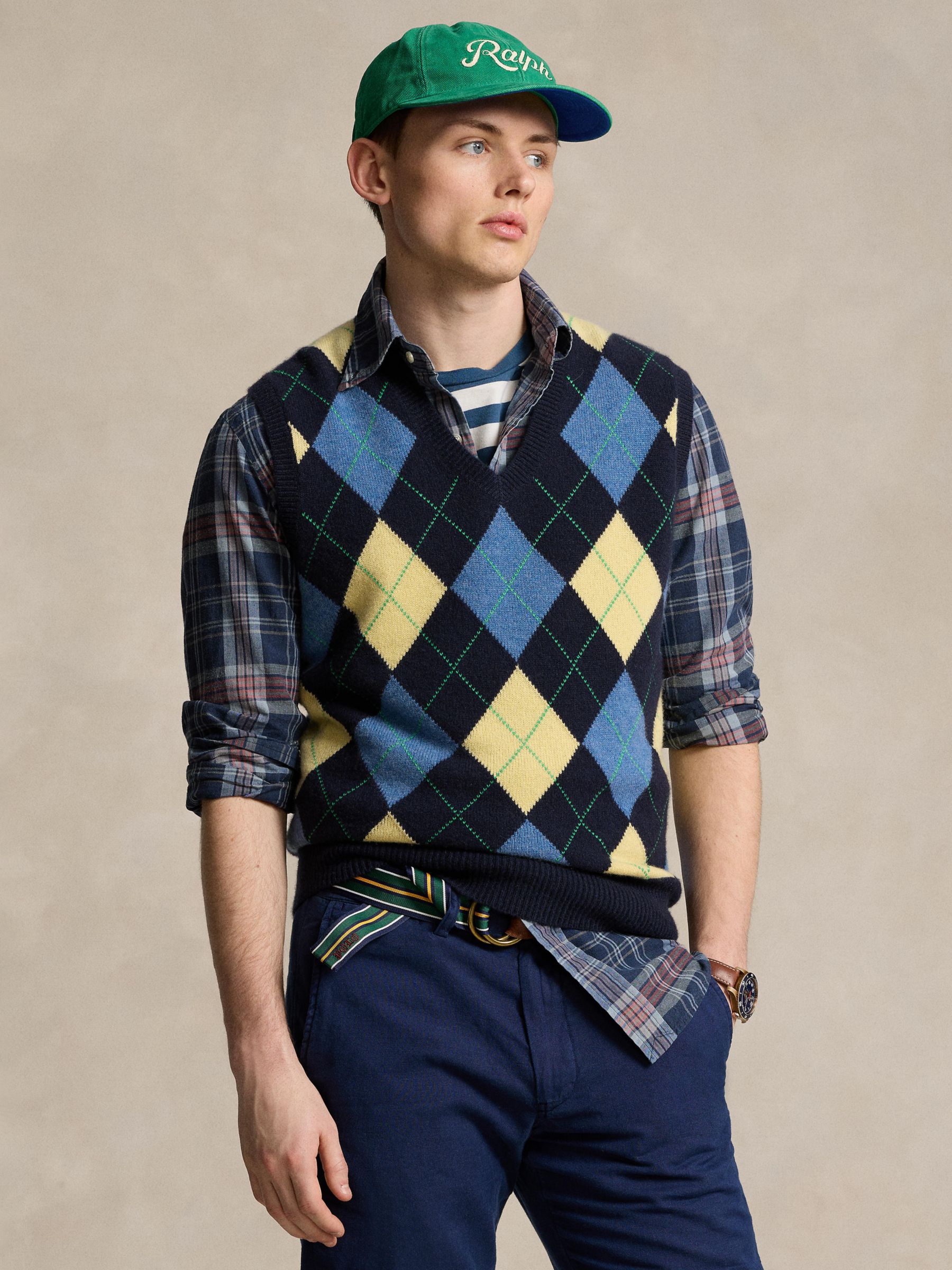 Ralph Lauren Argyle Cashmere Vest Jumper, Blue/Multi, S