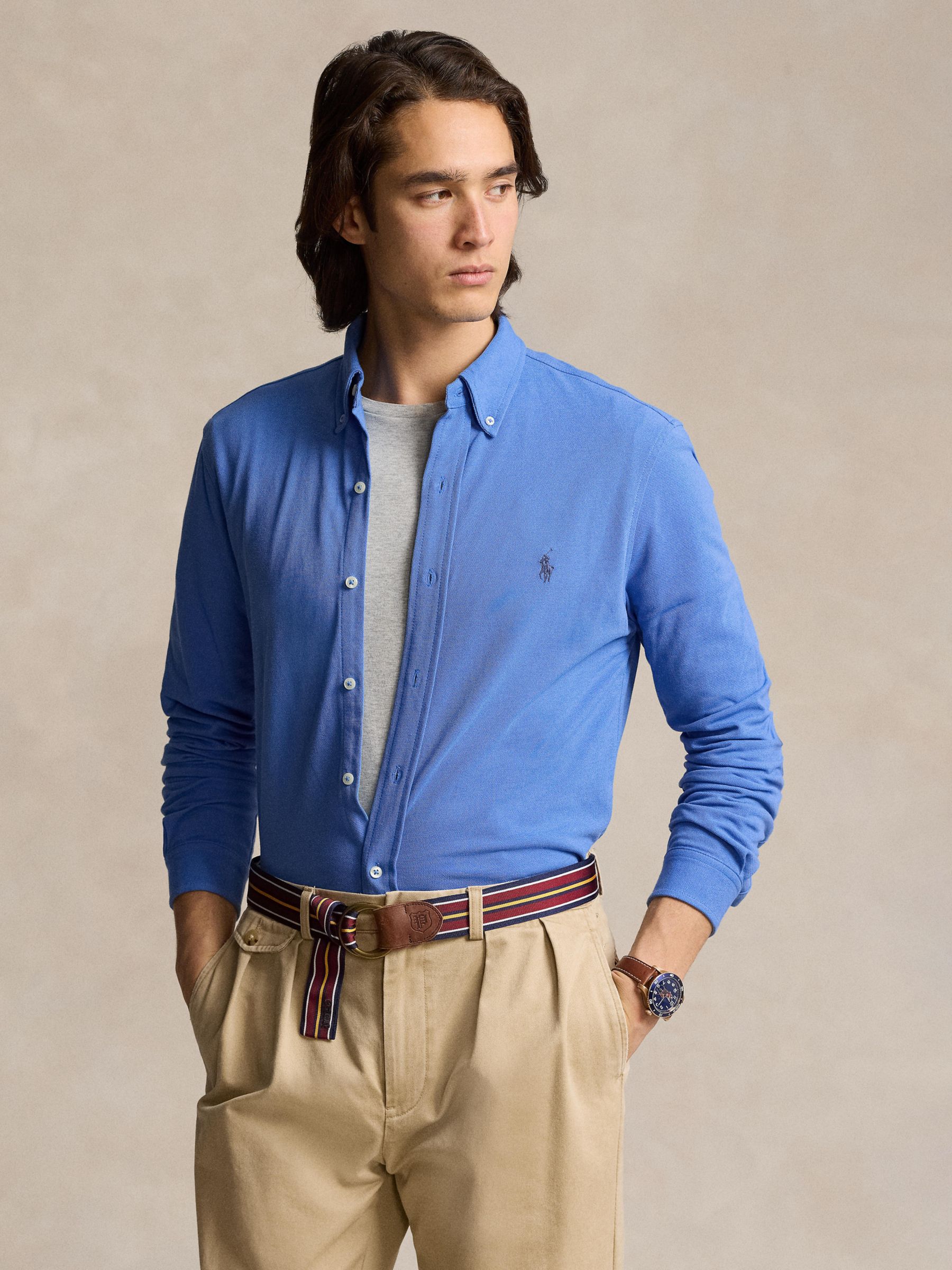 Polo Ralph Lauren Mesh Long Sleeve Shirt, Blue at John Lewis & Partners