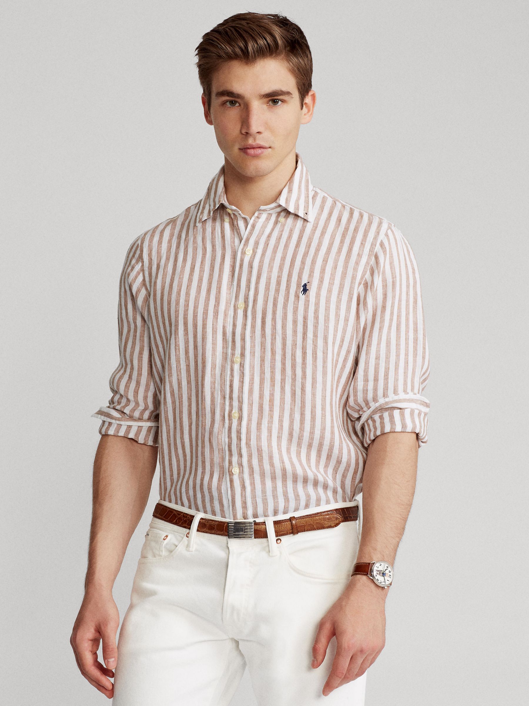 Ralph Lauren Stripe Linen Long Sleeve Shirt, Khaki/White, S