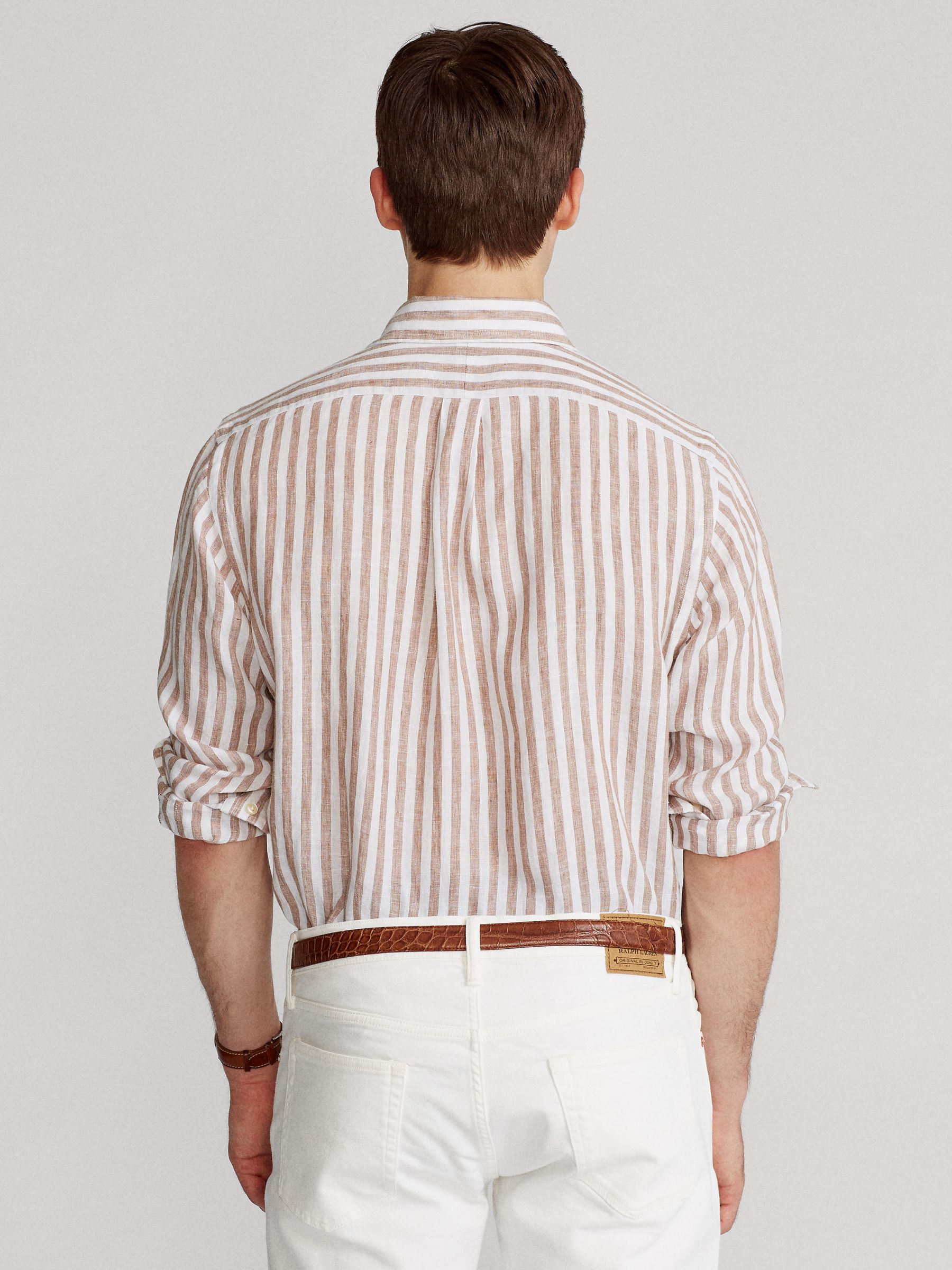 Ralph Lauren Stripe Linen Long Sleeve Shirt, Khaki/White, M