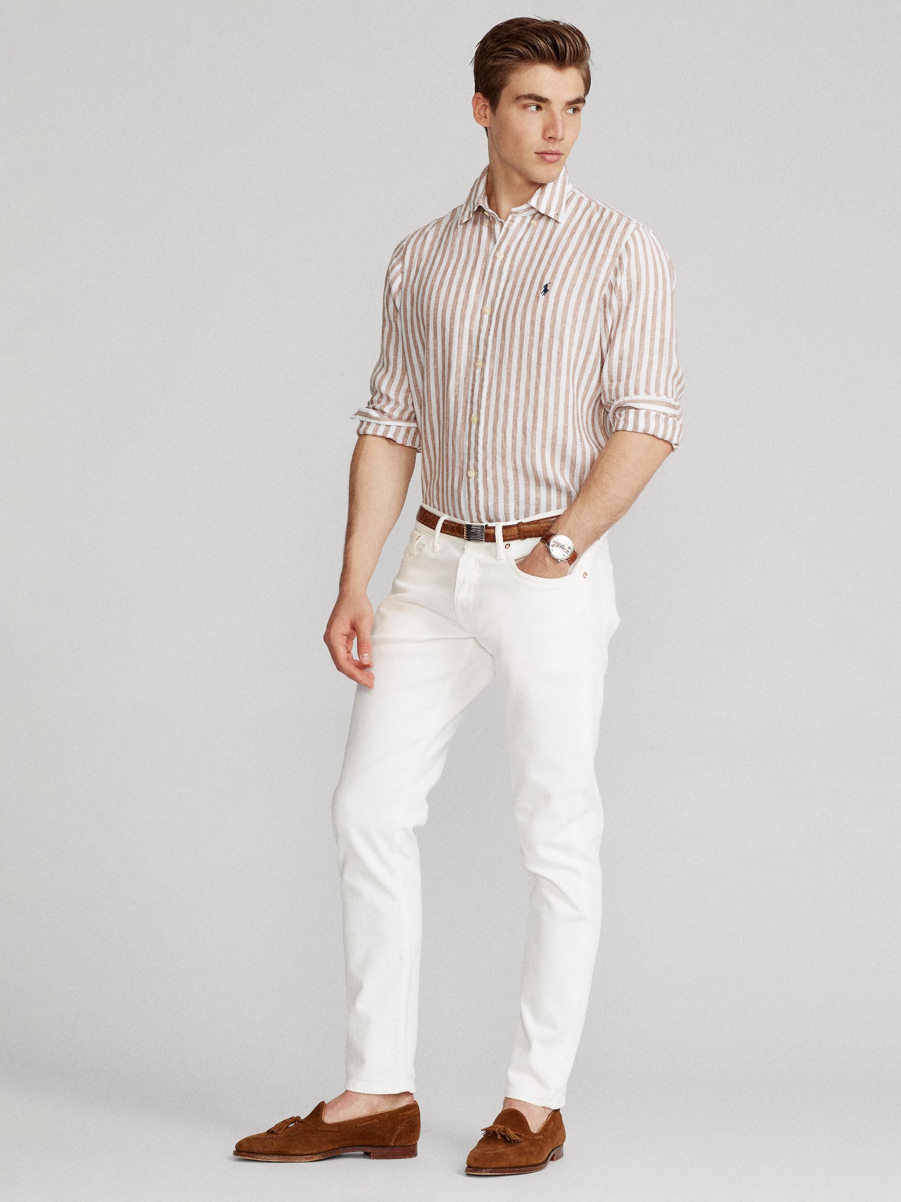 Ralph Lauren Stripe Linen Long Sleeve Shirt, Khaki/White, S