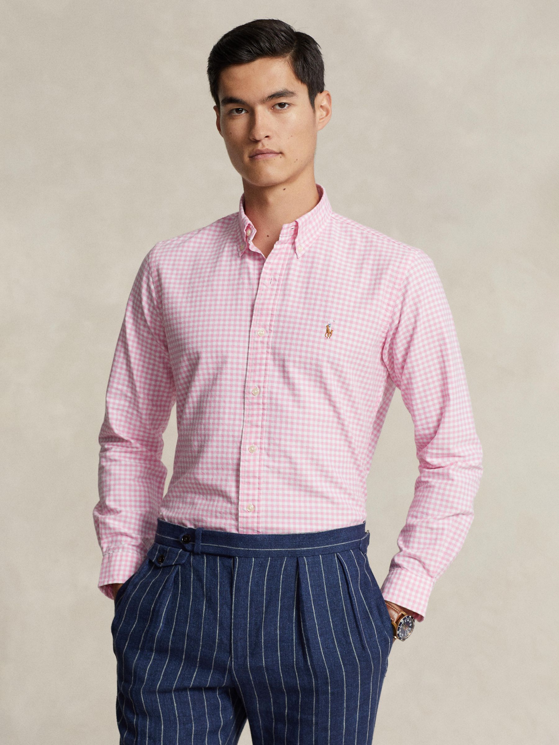 Polo Ralph Lauren Tailored Fit Gingham Oxford Shirt, Pink/White at John ...