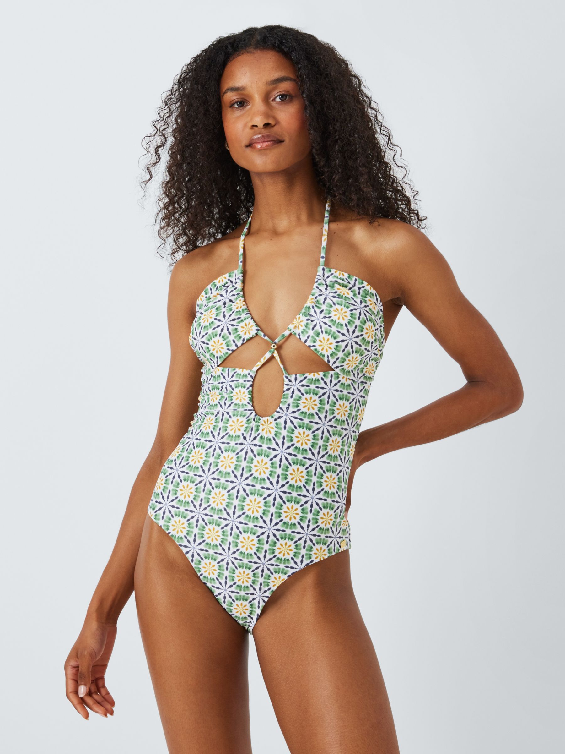 AND/OR Geometric Tile Halterneck Swimsuit, Green, 10