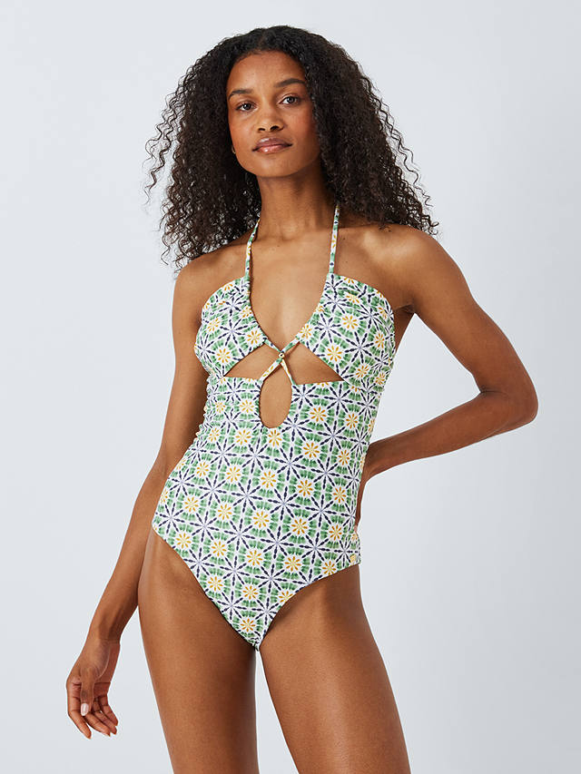 AND/OR Geometric Tile Halterneck Swimsuit, Green