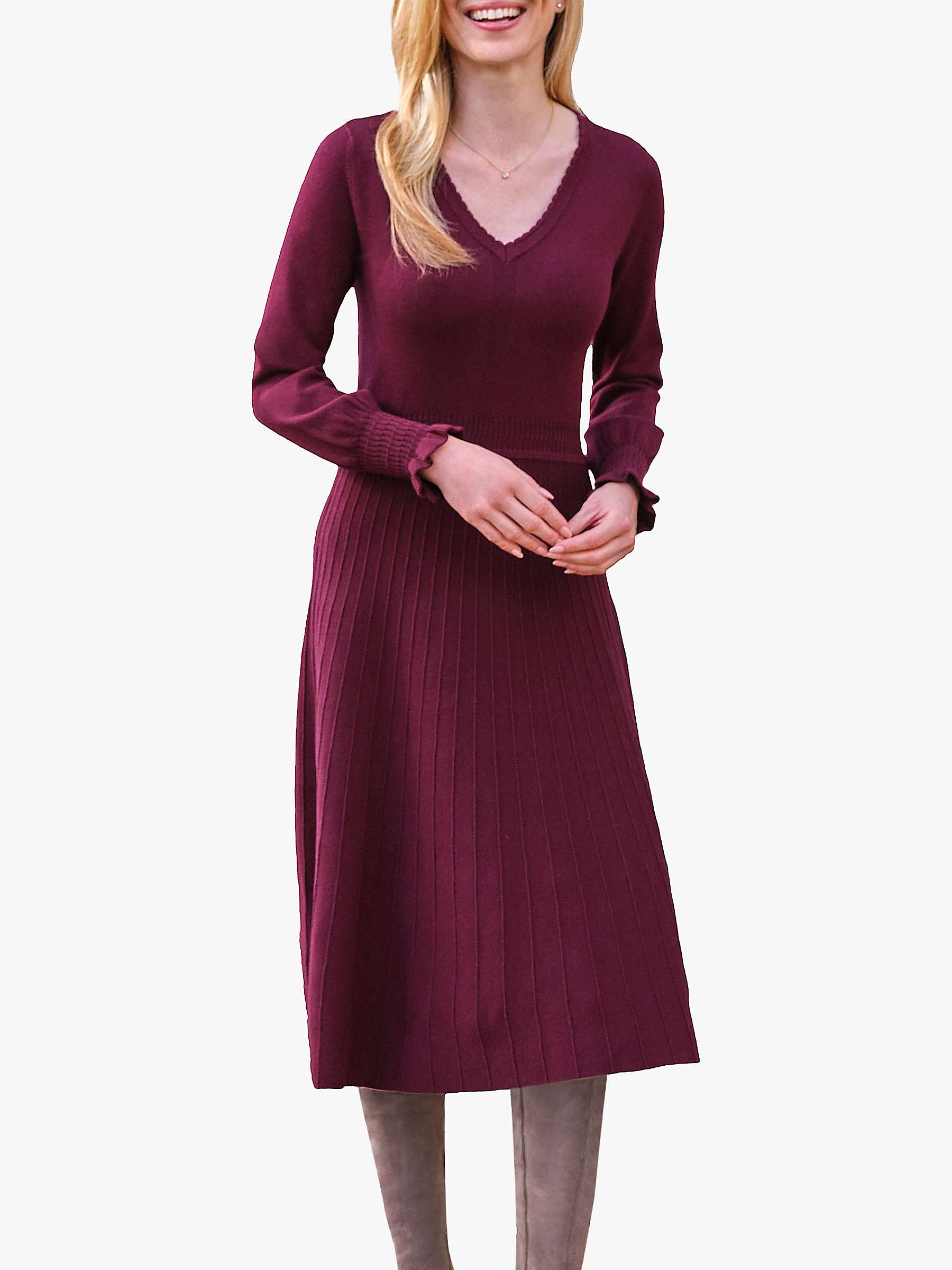 Buy Pure Collection Scallop V-Neck Knitted Dress, Merlot Online at johnlewis.com