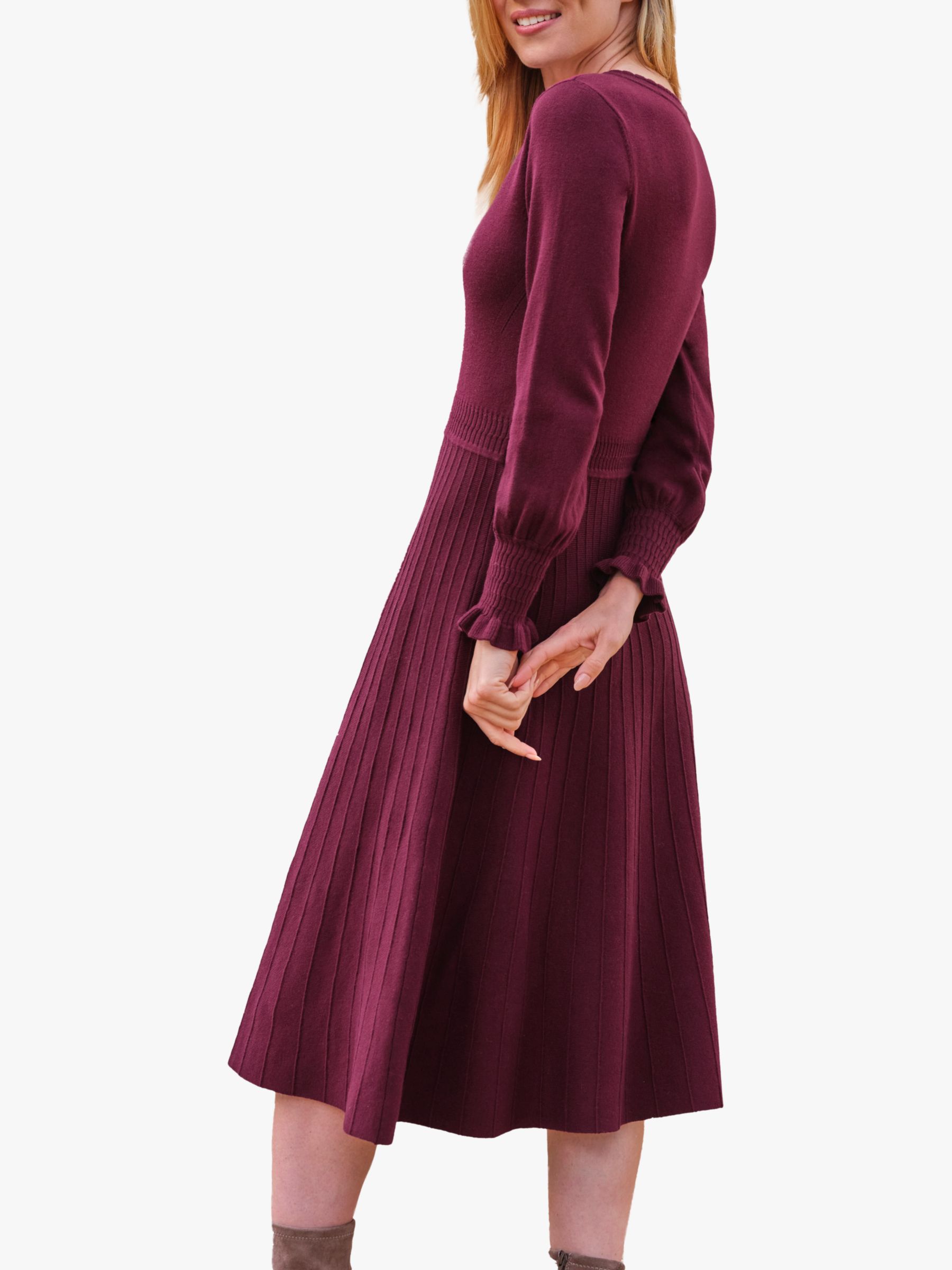 Pure Collection Scallop V-Neck Knitted Dress, Merlot, 10