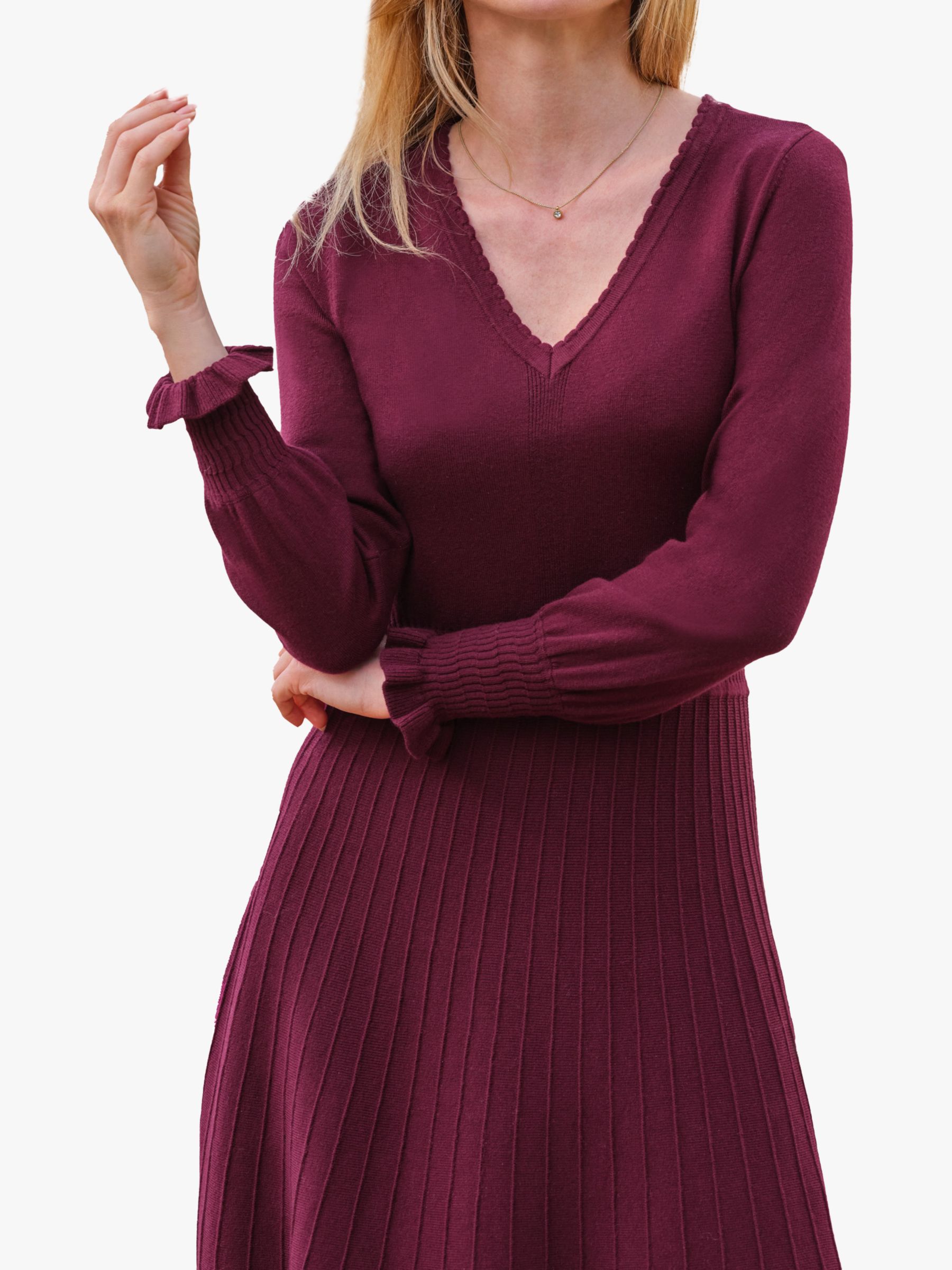 Pure Collection Scallop V-Neck Knitted Dress, Merlot, 10