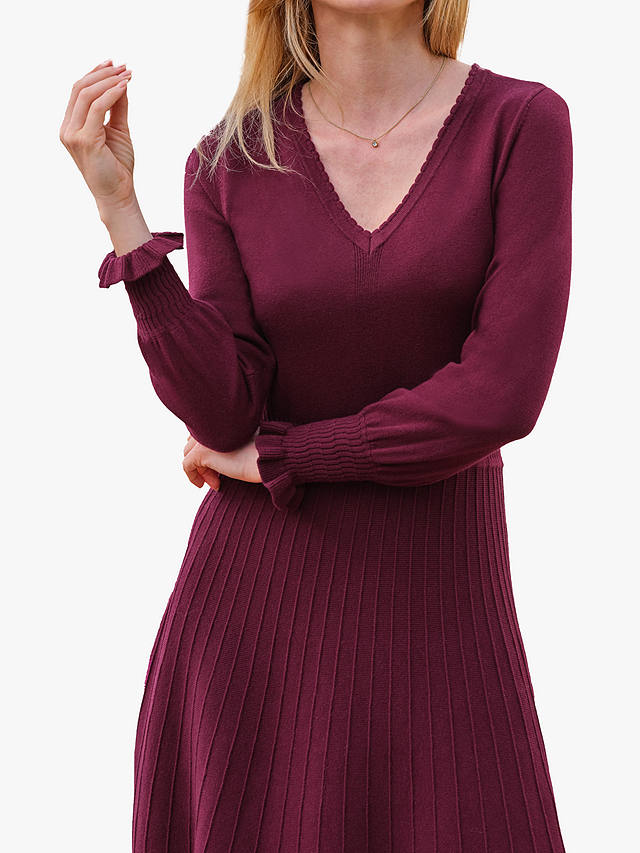 Pure Collection Scallop V-Neck Knitted Dress, Merlot