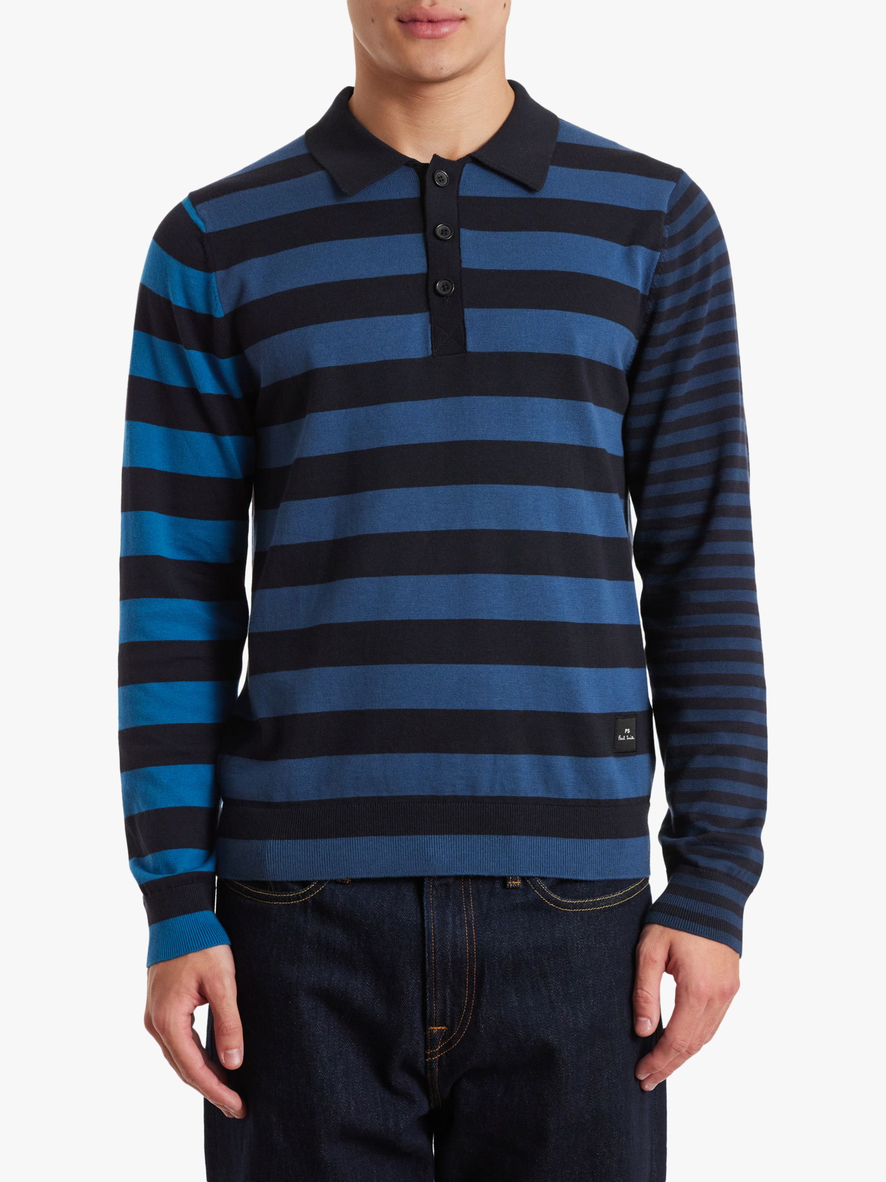 Paul Smith Organic Cotton Stripe Long Sleeve Polo Shirt, Blue, M