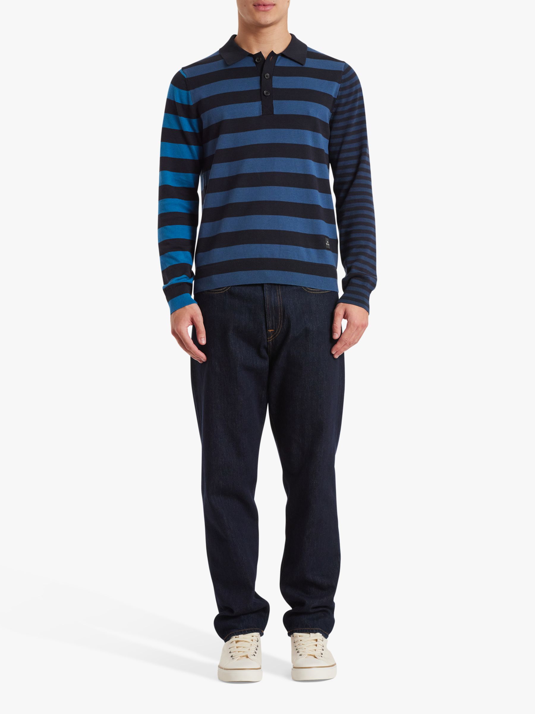Paul Smith Organic Cotton Stripe Long Sleeve Polo Shirt, Blue, S