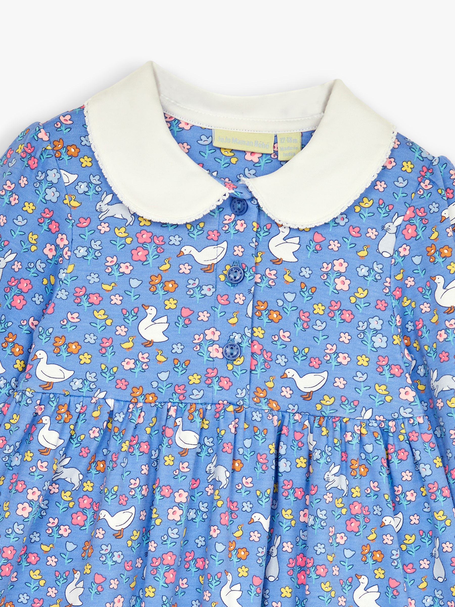 JoJo Maman Bébé Baby Duck & Floral Print Peter Pan Collar Dress, Lilac, 3-4 years