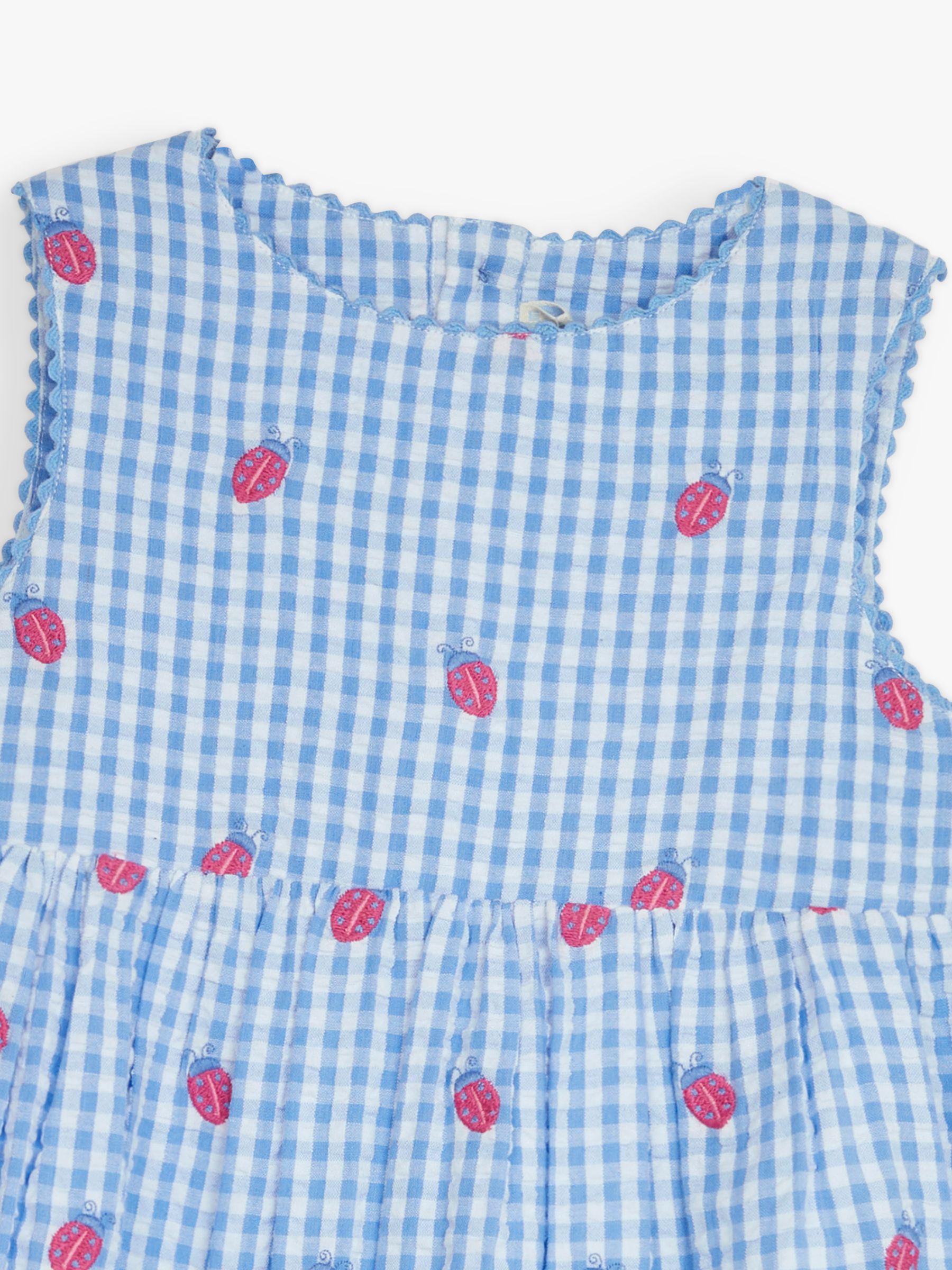 JoJo Maman Bébé Baby Embroidered Ladybird Gingham Dress, Blue, 6-7 years