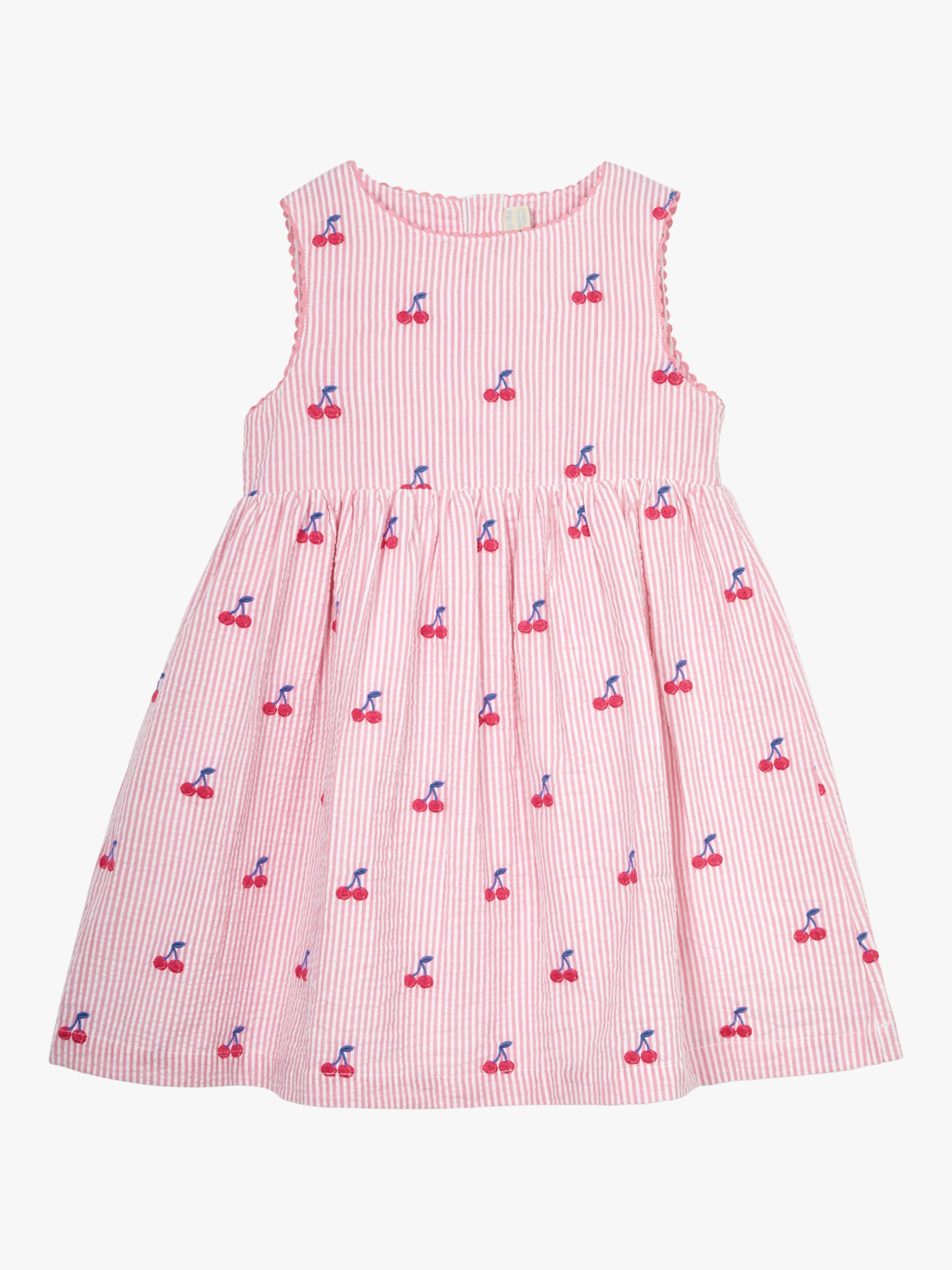 JoJo Maman Bébé Baby Cherry Stripe Seersucker Dress, Pink, 2-3 years