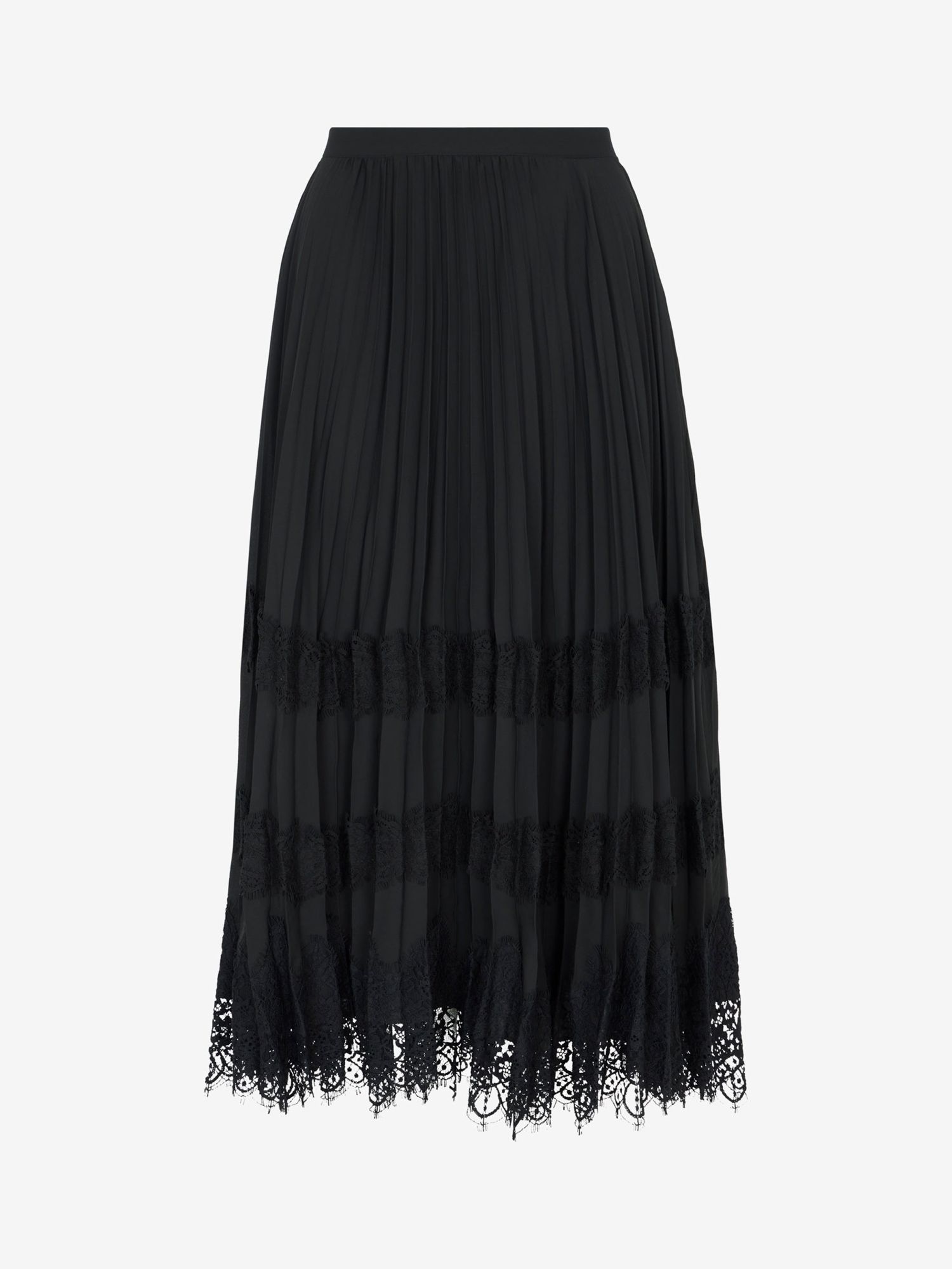 Mint Velvet Lace Trim Pleated Midi Skirt, Black at John Lewis & Partners