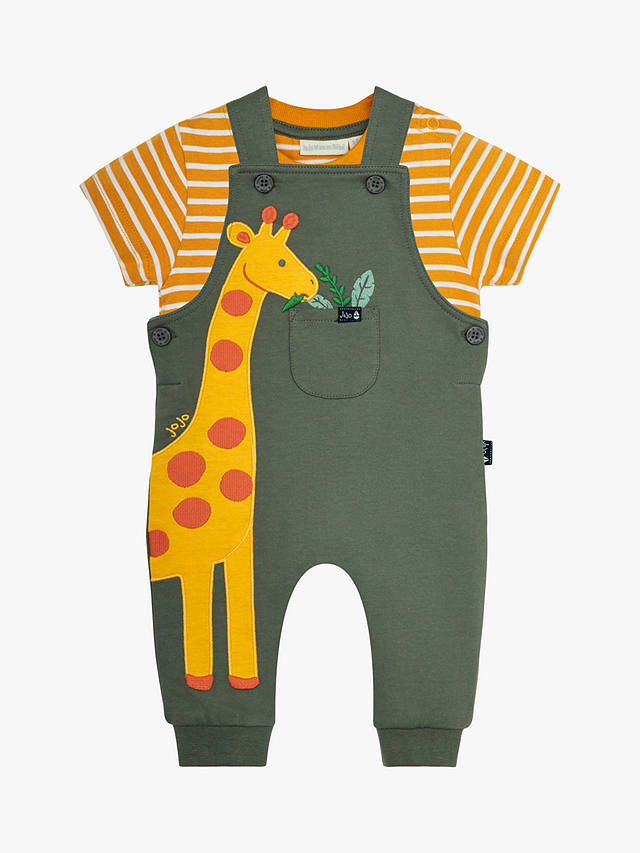 JoJo Maman Bébé Baby Giraffe Appliqué Short Dungarees & T-Shirt Set, Khaki/Multi
