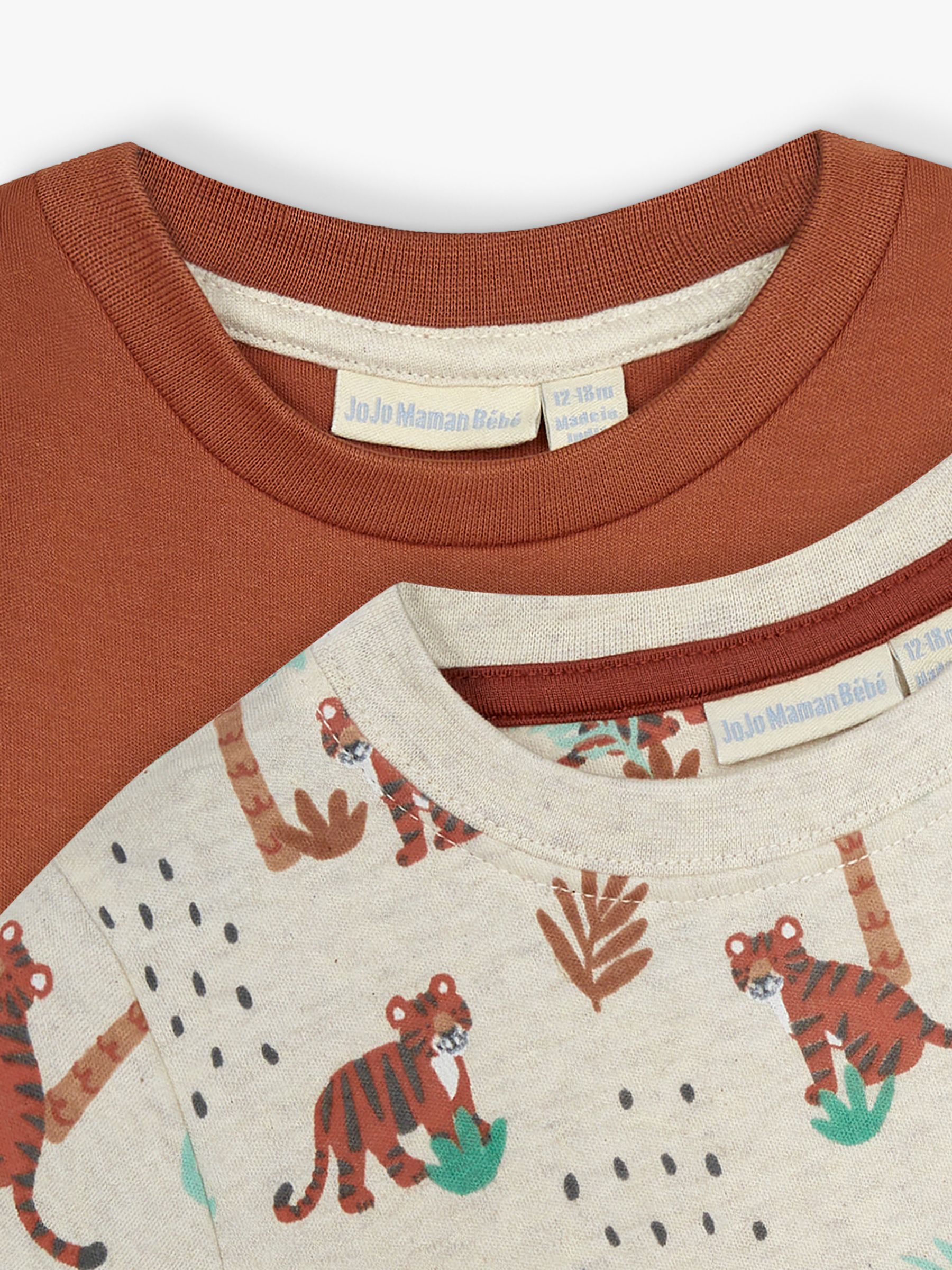 JoJo Maman Bébé Baby Tiger Print T-Shirts, Pack of 2, Natural, Natural, 4-5 years
