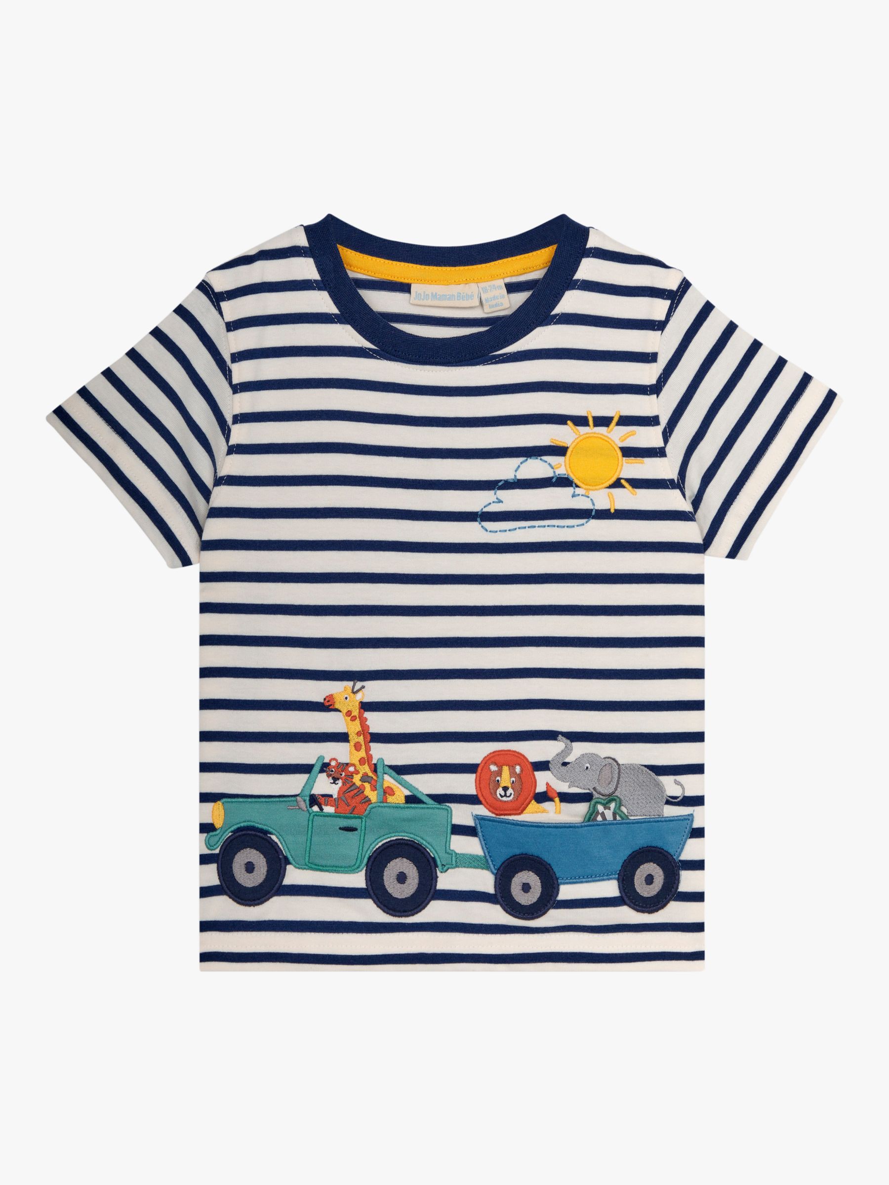 JoJo Maman Bébé Baby Safari Animals Stripe T-Shirt, Navy/Multi, 6-7 years