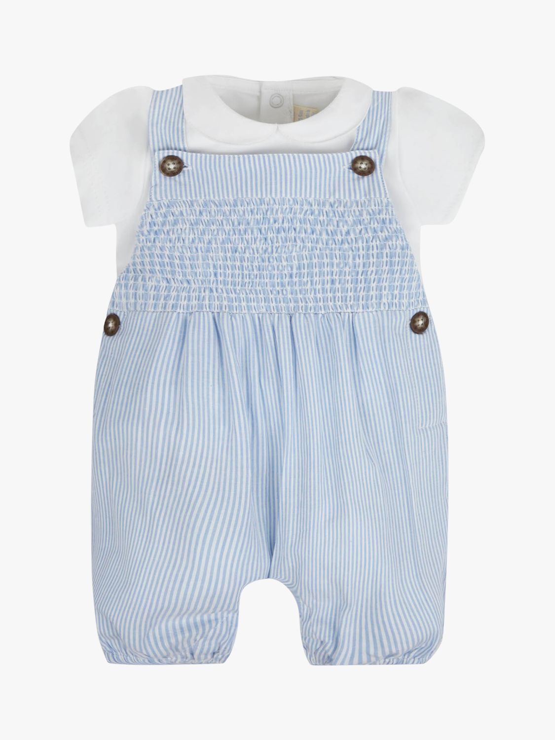 JoJo Maman Bébé Baby Smocked Short Dungarees & Collar Bodysuit Set, Blue/Multi, 18-24 months