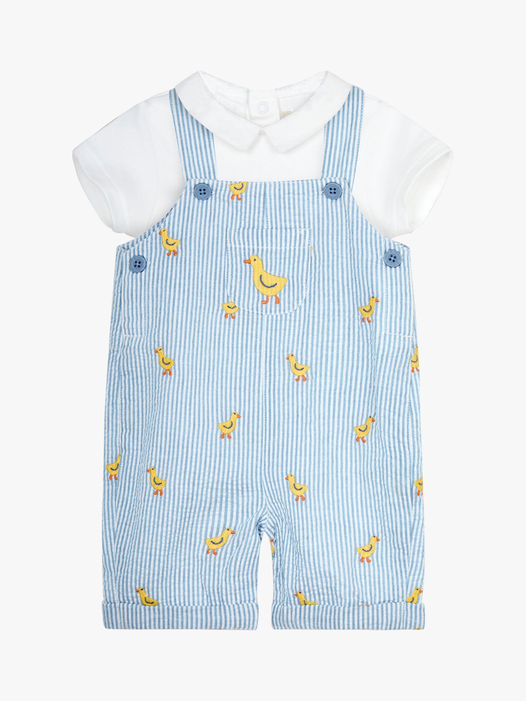 JoJo Maman Bébé Baby Chicks Embroidered Stripe Dungarees & Bodysuit Set, Blue/Multi, 18-24 months