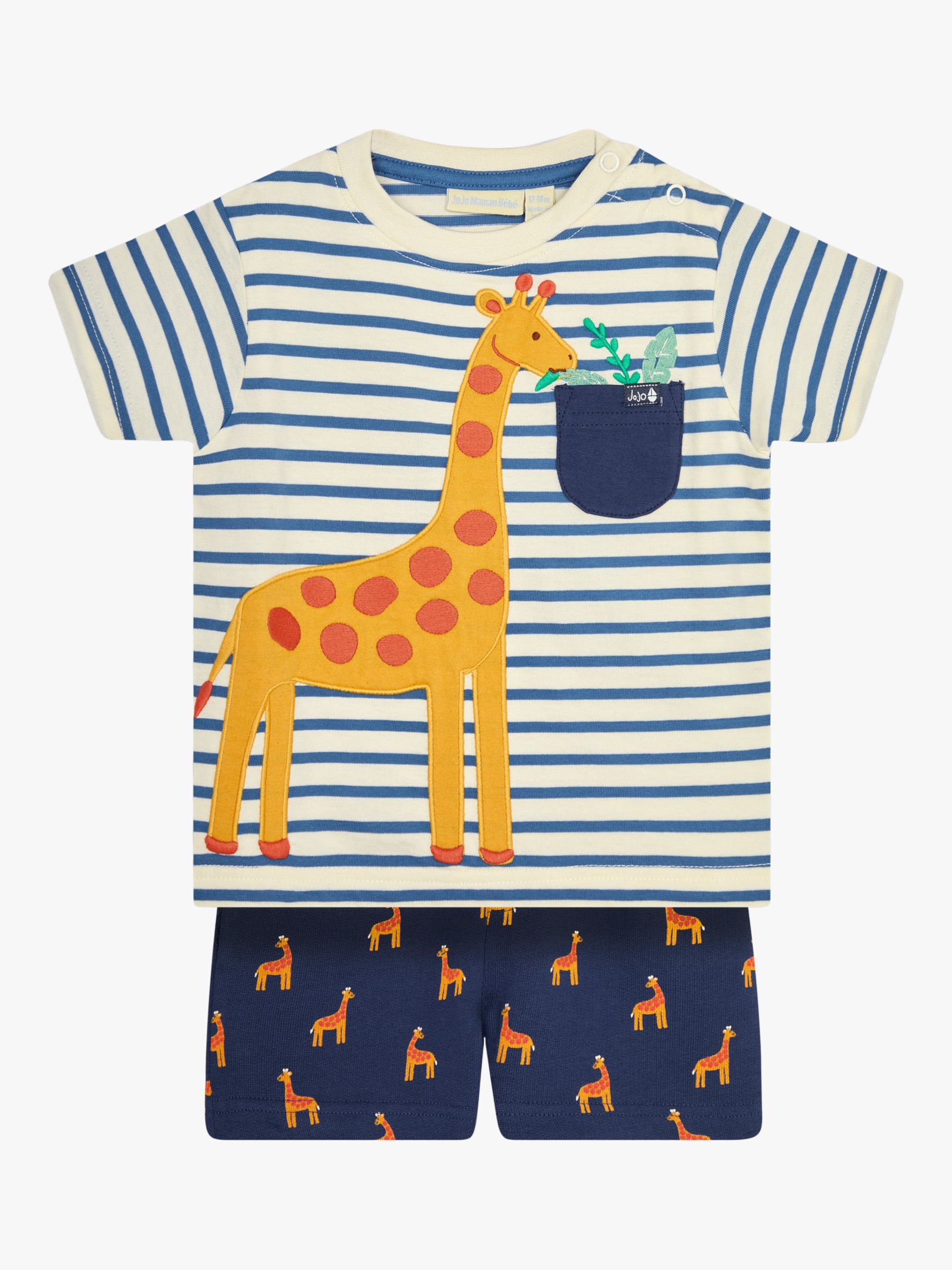 JoJo Maman Bébé Baby Giraffe Appliqué Stripe T-Shirt & Shorts Set, Navy/Multi, 6-7 years