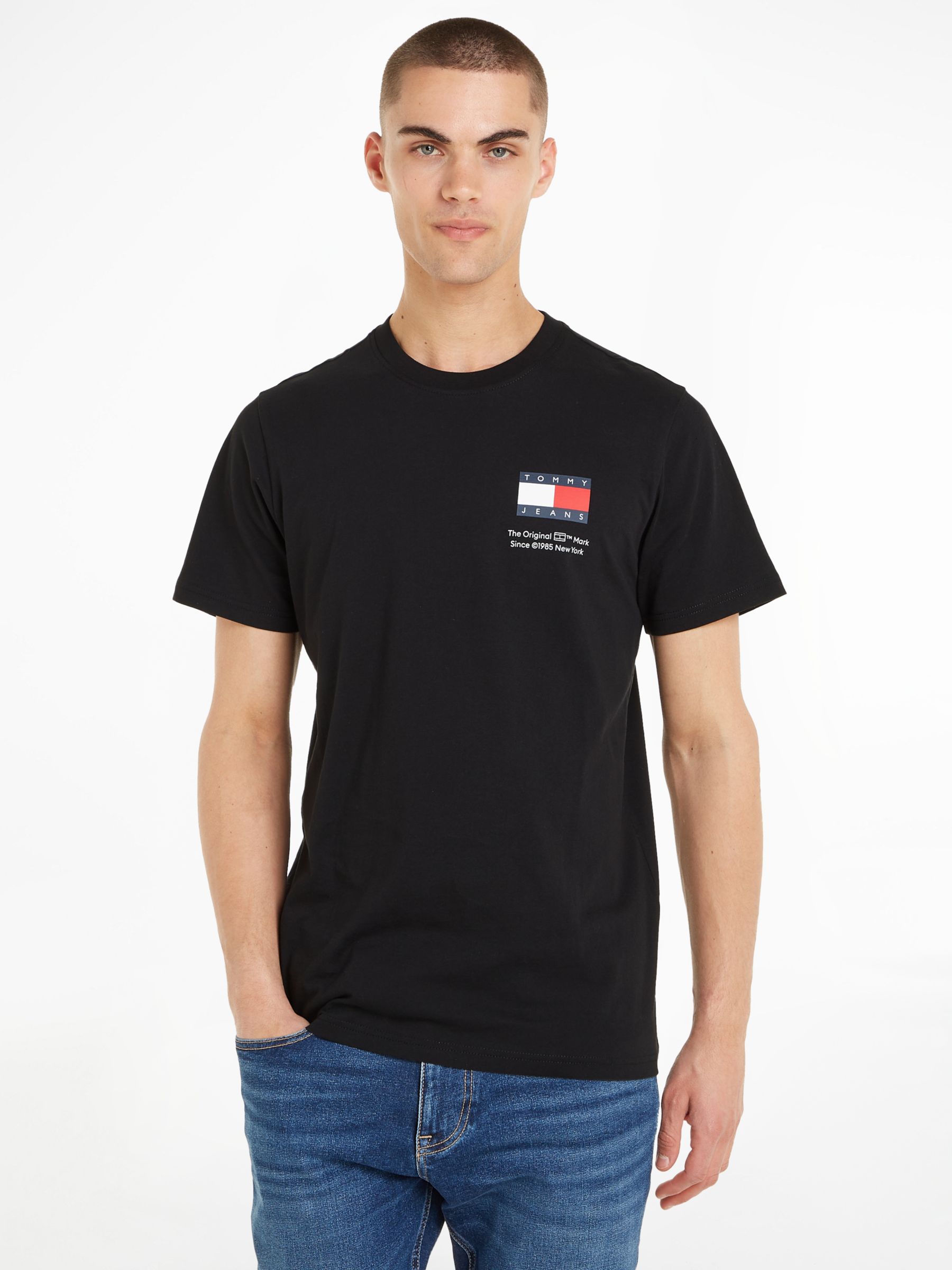 Tommy Jeans Slim Essential Flag T-Shirt, Black at John Lewis & Partners