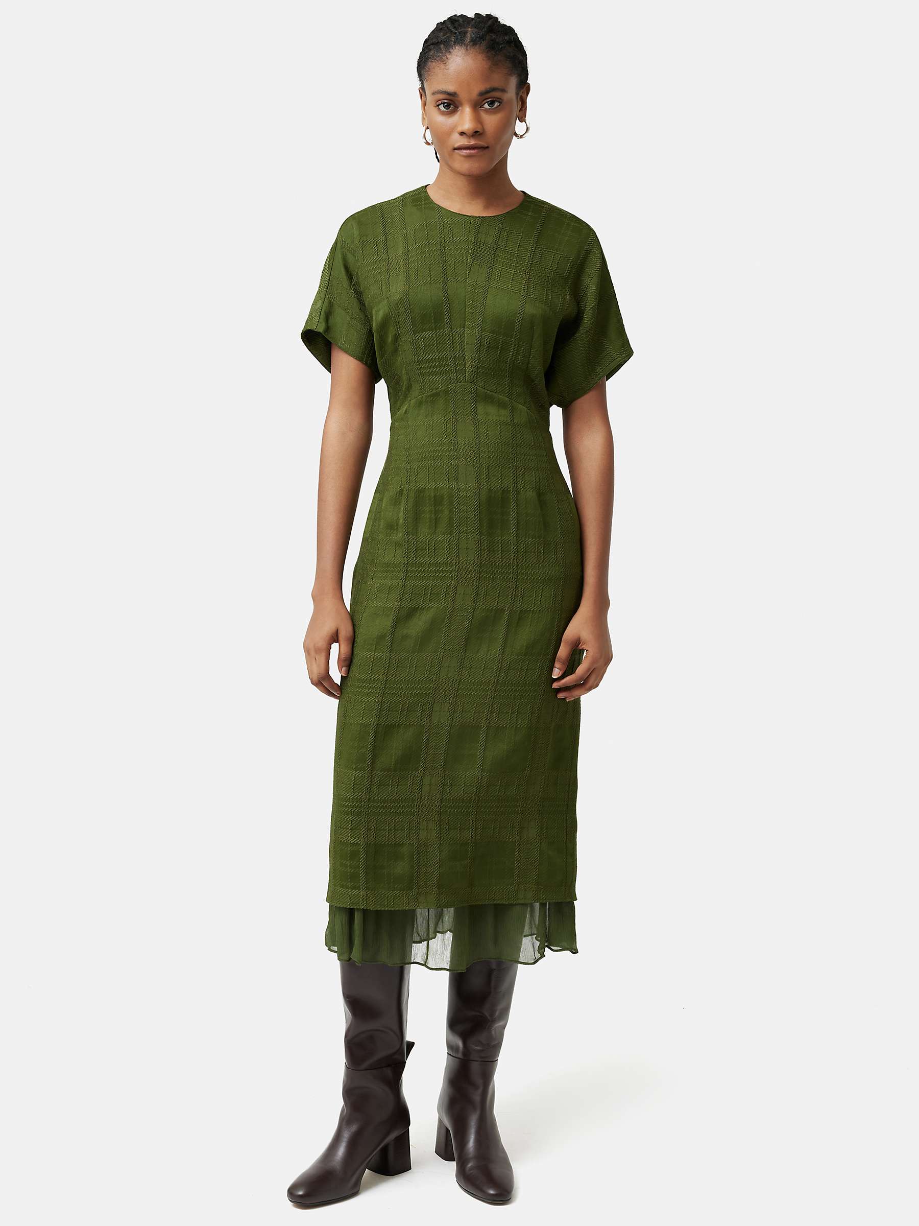 Buy Jigsaw Textured Check Midi Dress, Khaki Online at johnlewis.com