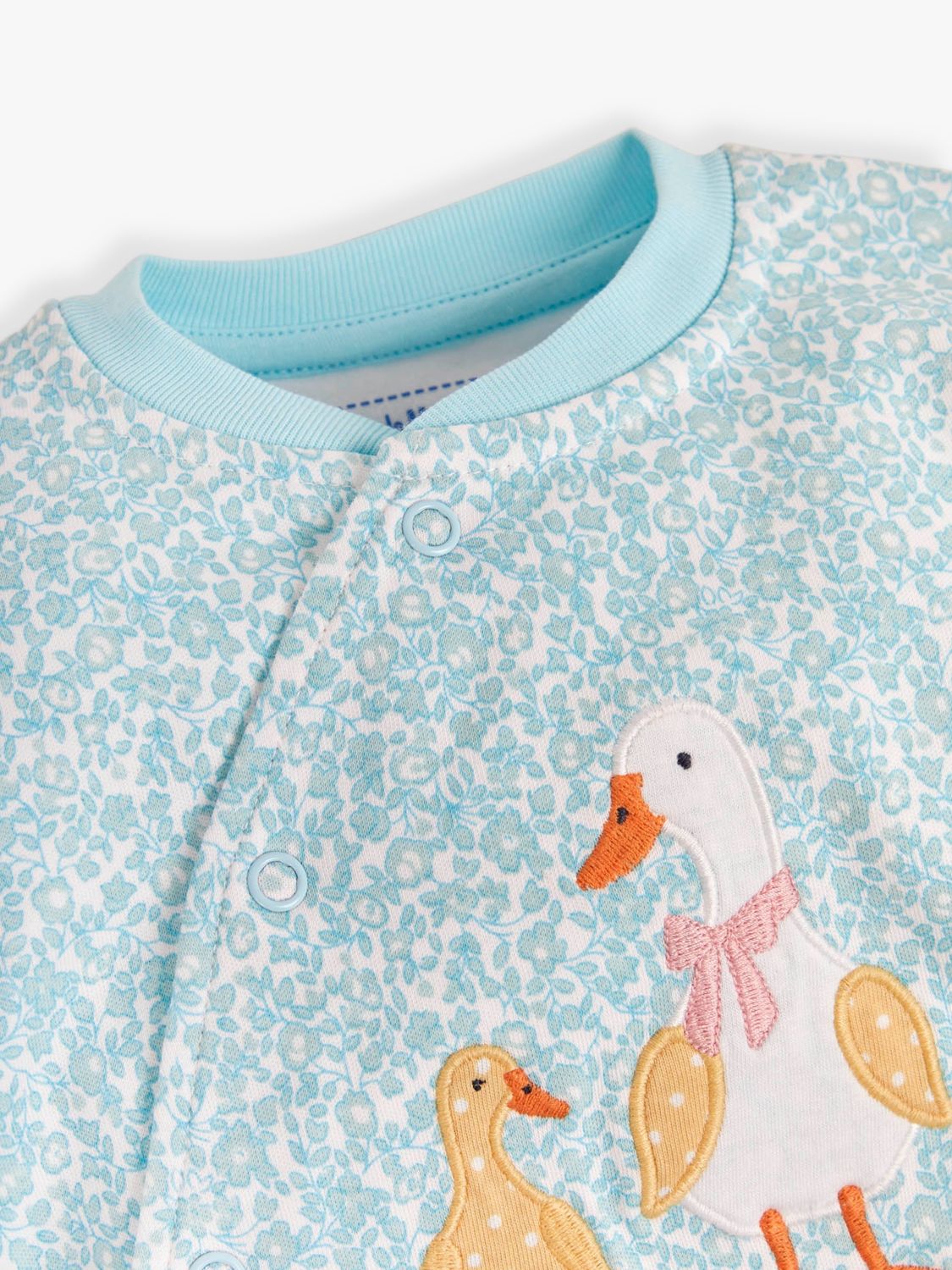JoJo Maman Bébé Baby Duck Applique Floral Print Sleepsuit, Duck Egg, 3-6 months