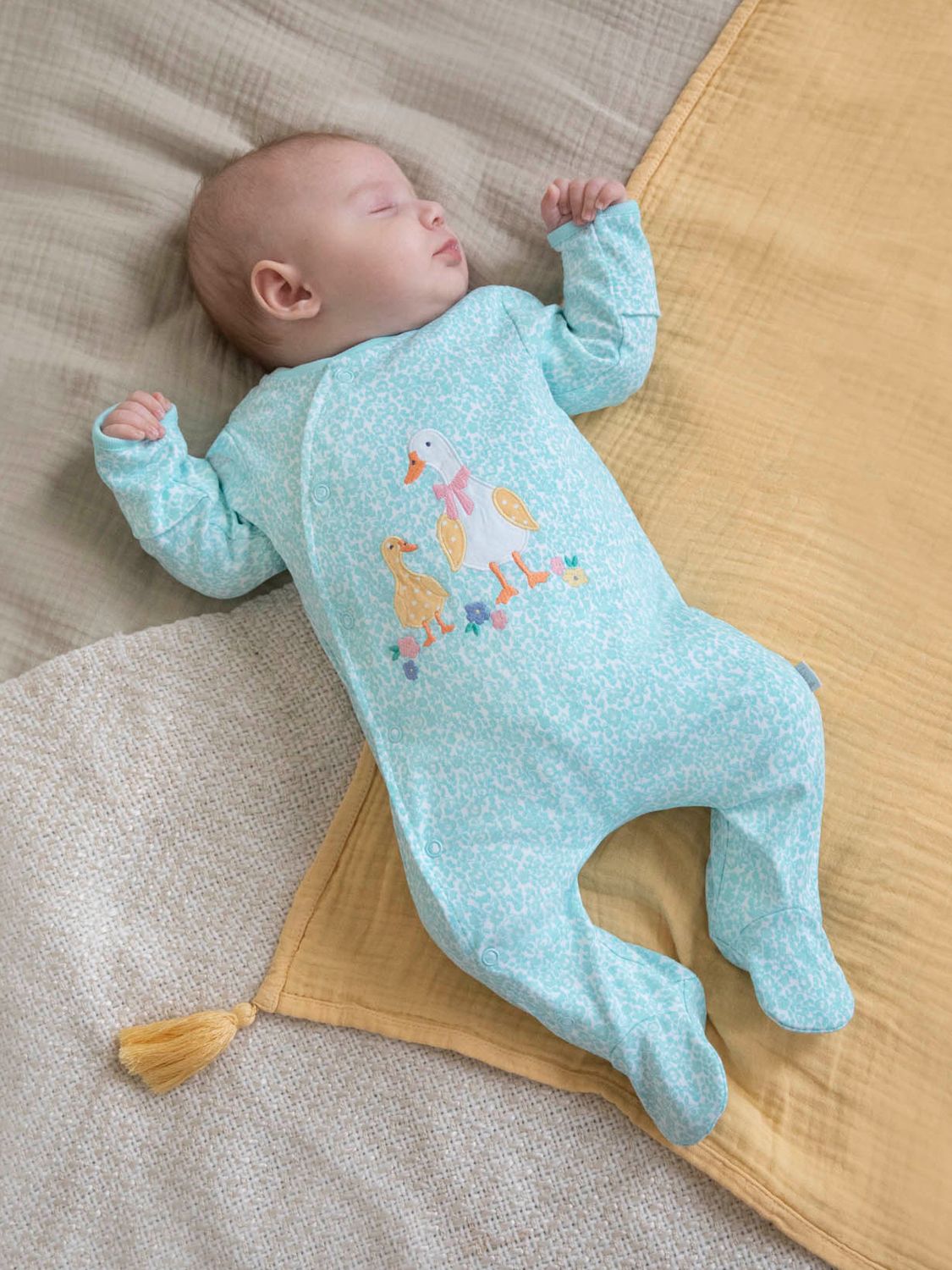 JoJo Maman Bébé Baby Duck Applique Floral Print Sleepsuit, Duck Egg, 3-6 months