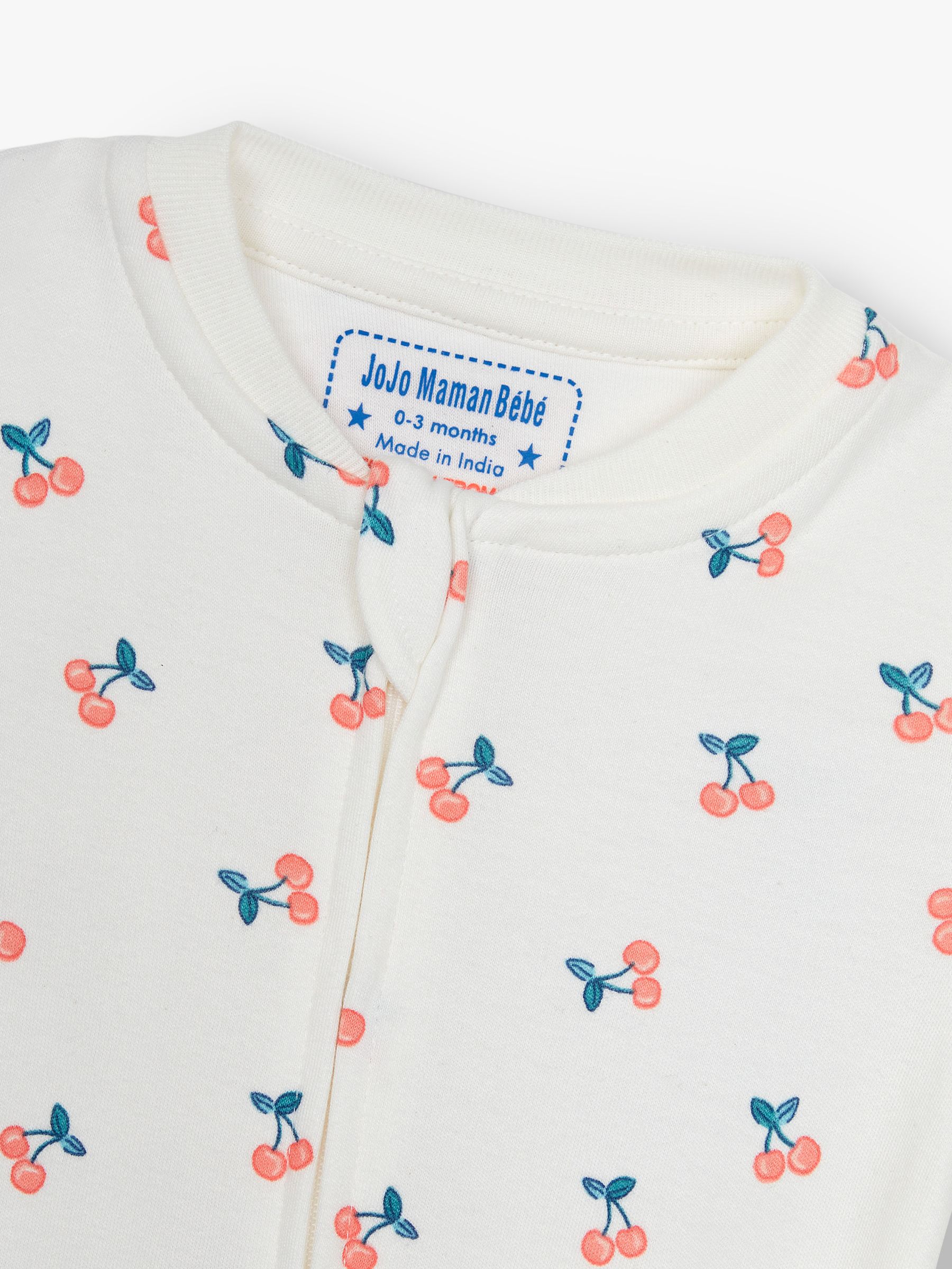JoJo Maman Bébé Baby Cotton Cherry Print Zip Through Sleepsuit, Cream, 3-6 months