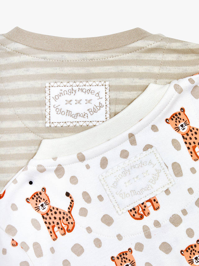 JoJo Maman Bébé Tiger Print and Stripe Sleepsuits, Pack of 2, Cream/Multi