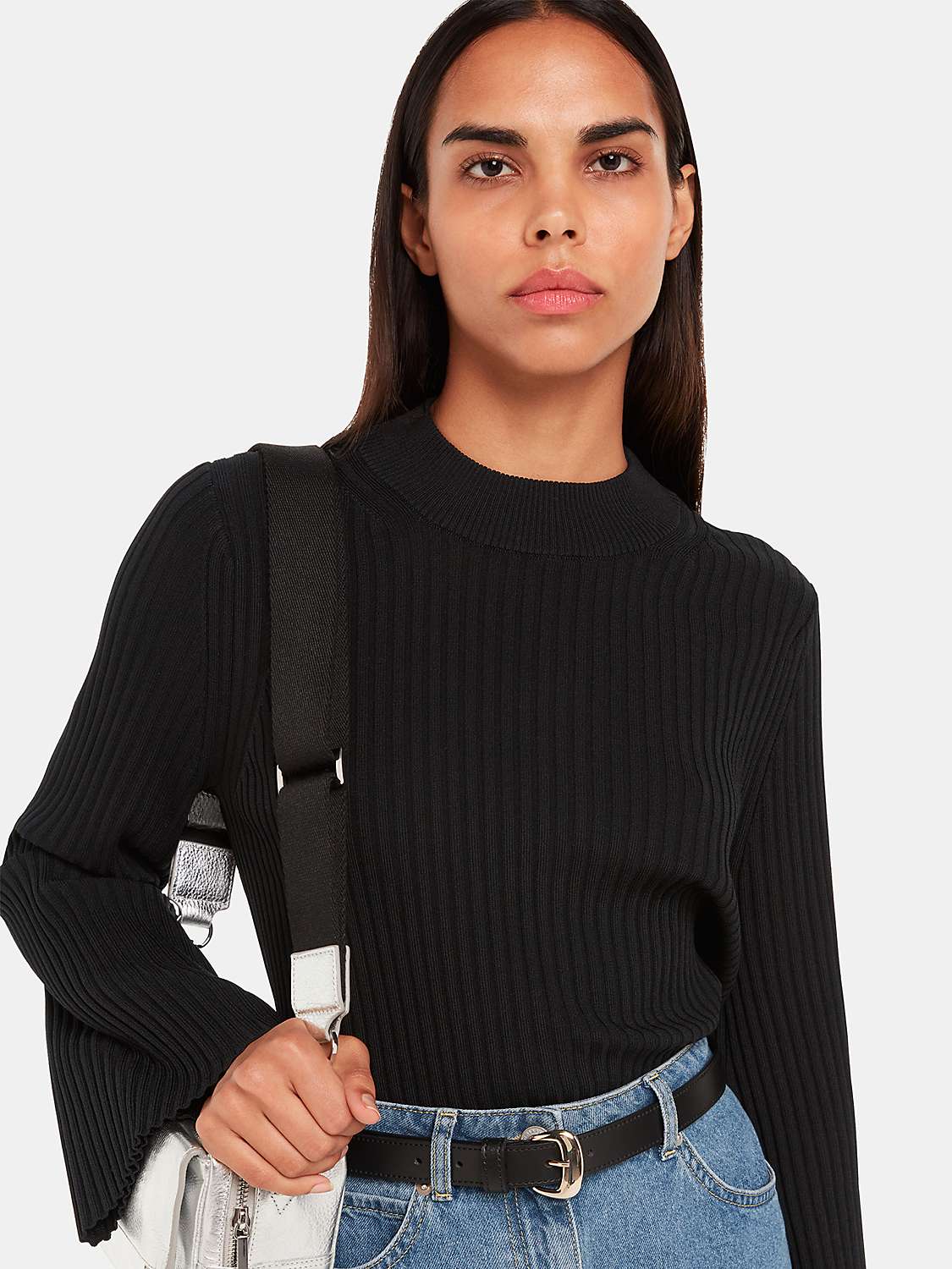 Whistles Fluted Sleeve Knit Tunic Top, Black at John Lewis & Partners