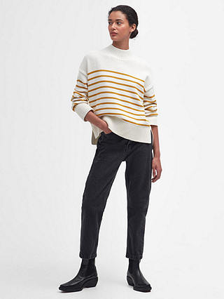 Barbour Oakfield Striped Cotton Jumper, Ivory/Mustard