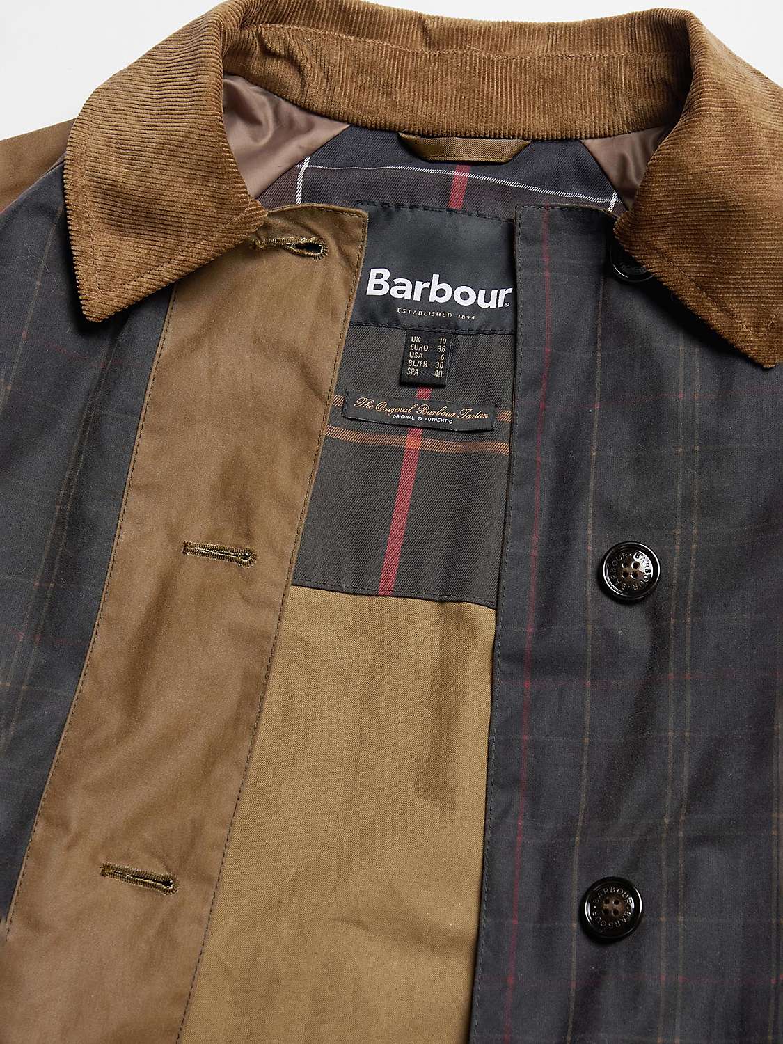 Buy Barbour Everly Wax Cotton Trench Coat, Sand/Dull Classic Online at johnlewis.com