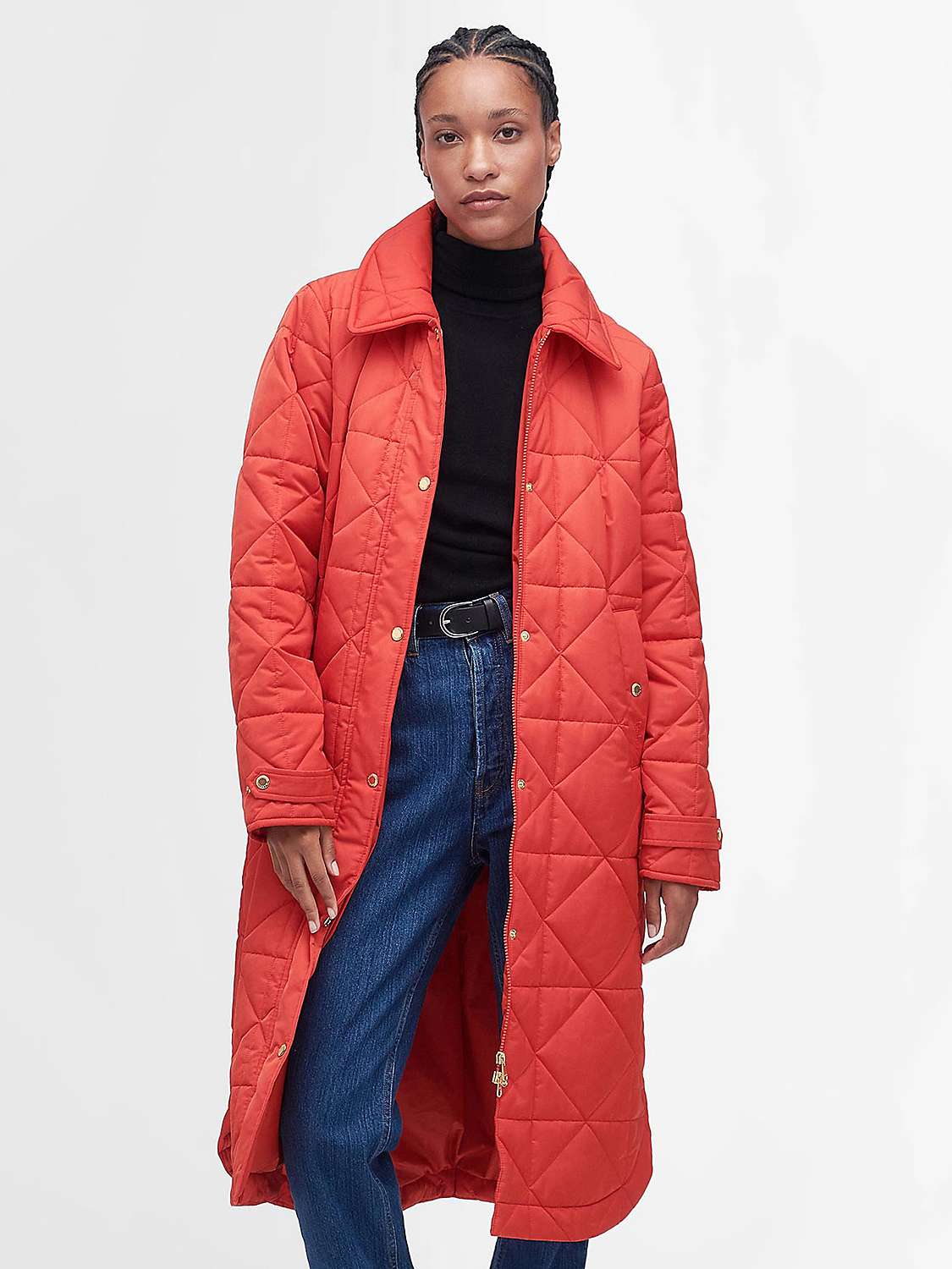 Barbour Carolina Long Quilted Coat, Blaze Red/Muted at John Lewis ...