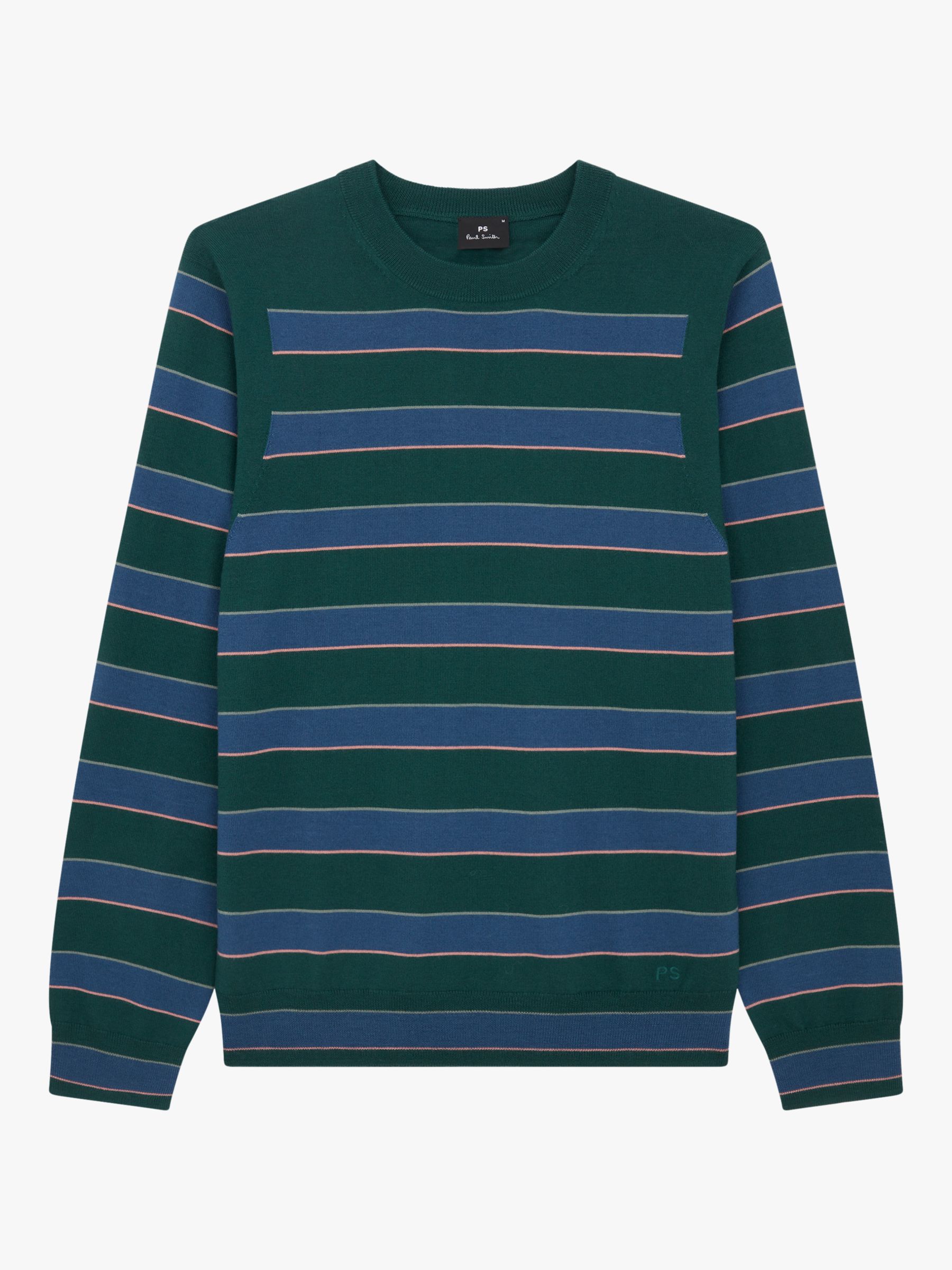 Buy Paul Smith Crew Neck Stripe Merino Wool Jumper, Green/Multi Online at johnlewis.com