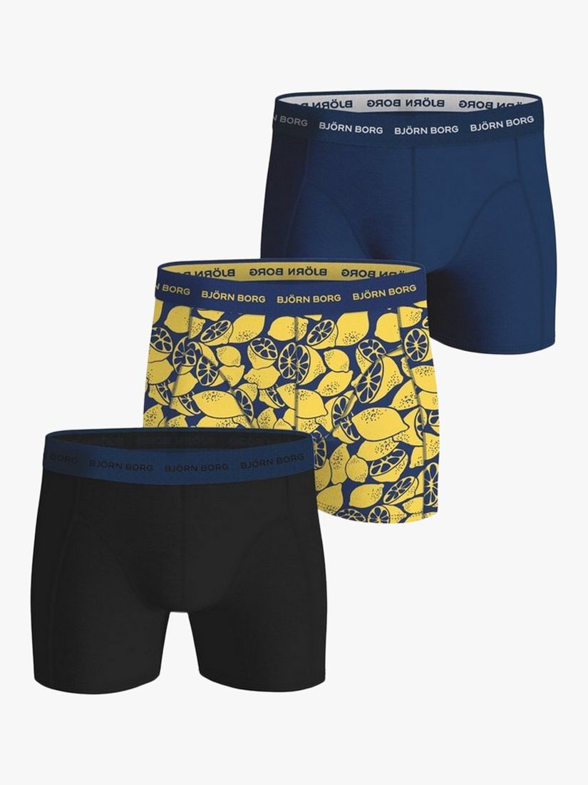 Björn Borg Cotton Stretch Boxers, Pack of 3, Navy/Black/Yellow at
