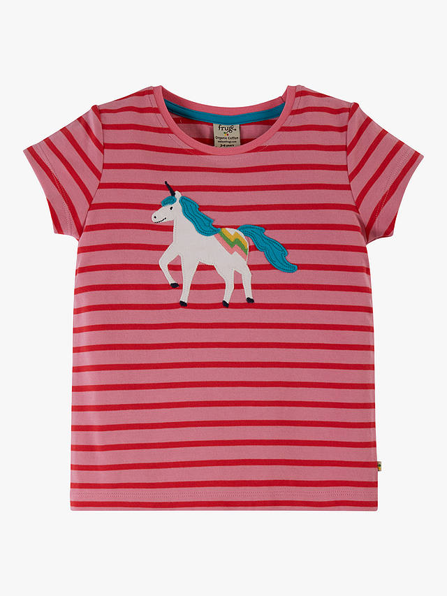 Frugi Kids' Camille Organic Cotton Unicorn Applique T-Shirt, Pink/Red