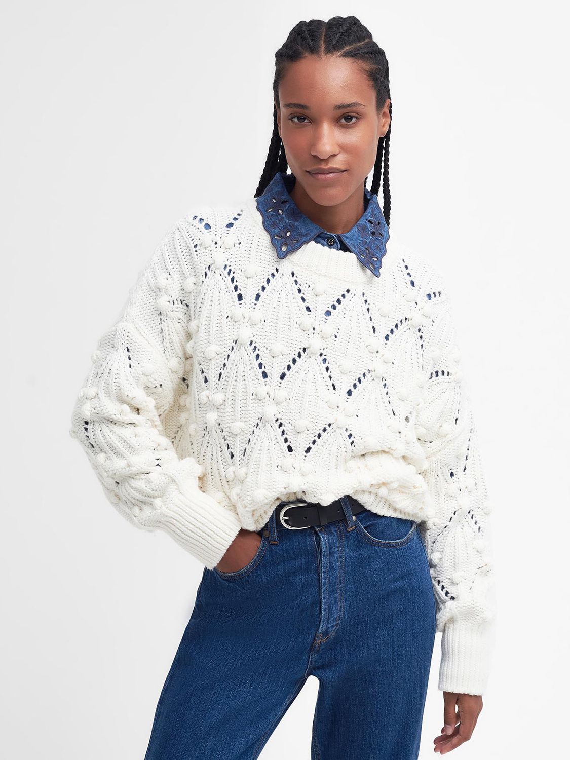 Buy Barbour Glamis Wool Cotton Blend Chunky Textured Knit Jumper, White Online at johnlewis.com