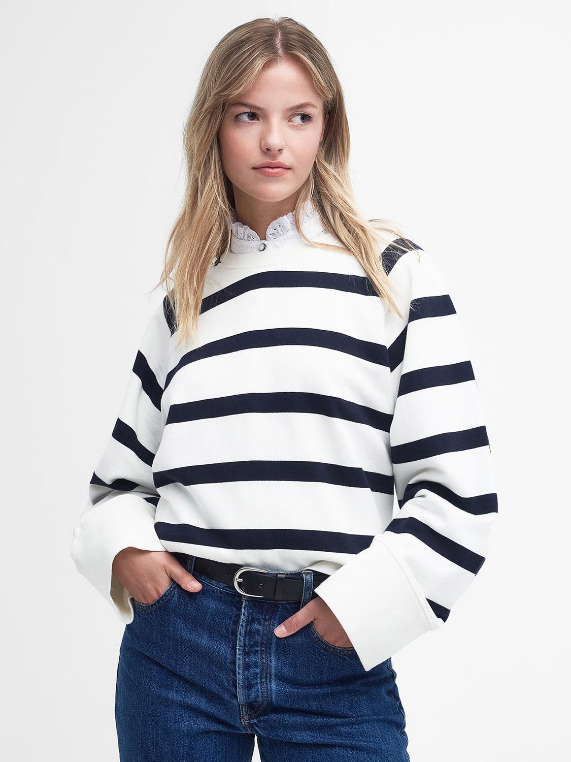 Barbour Longfield Stripe Sweatshirt, Cloud/Navy at John Lewis & Partners