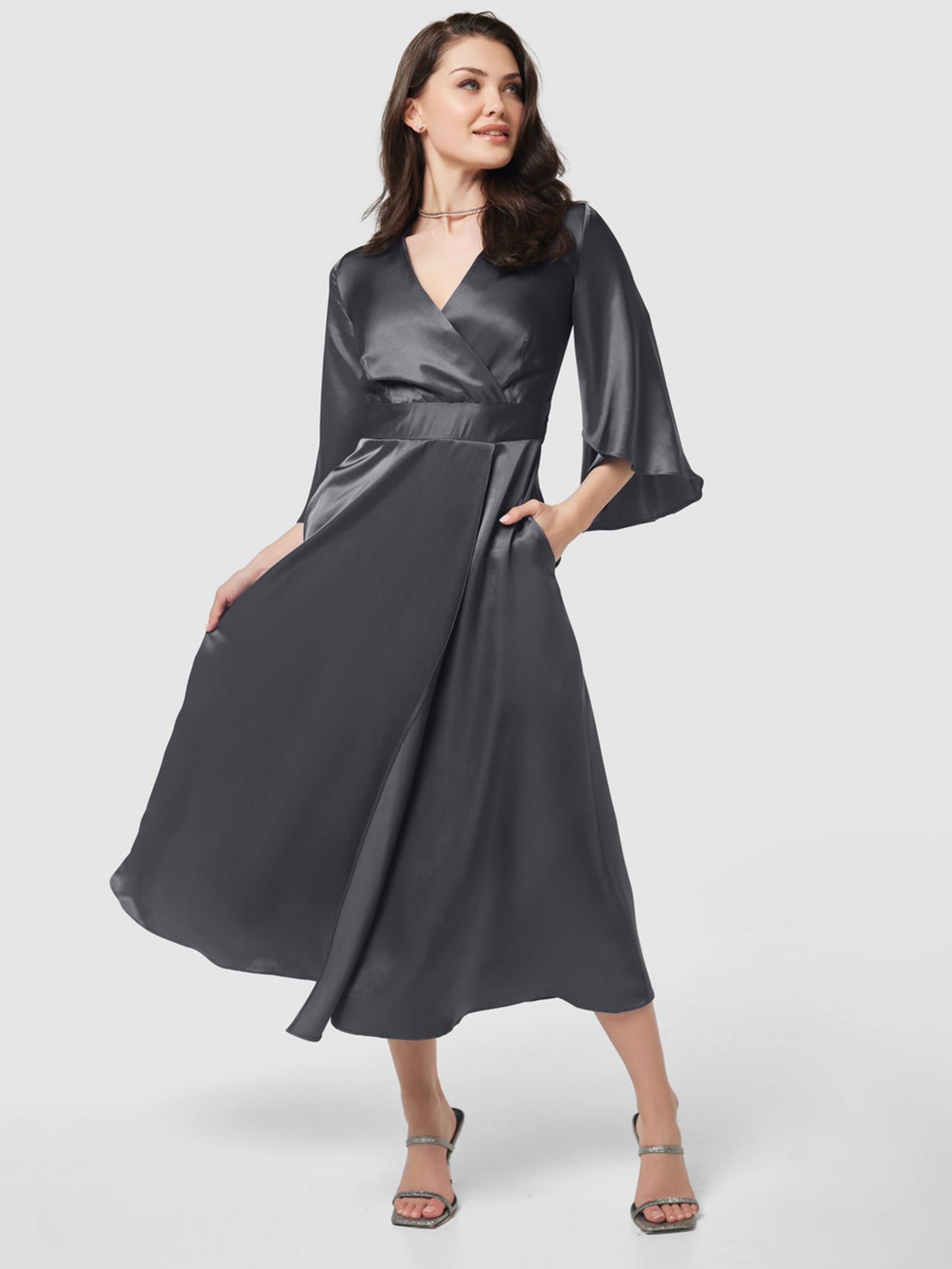 Closet London Satin Wrap Midi Dress, Grey, 10