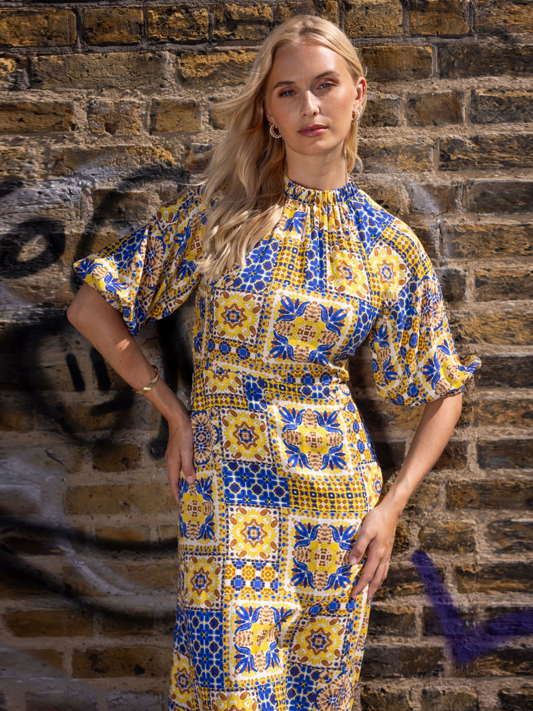 Closet London Tile Print Midi Dress, Yellow