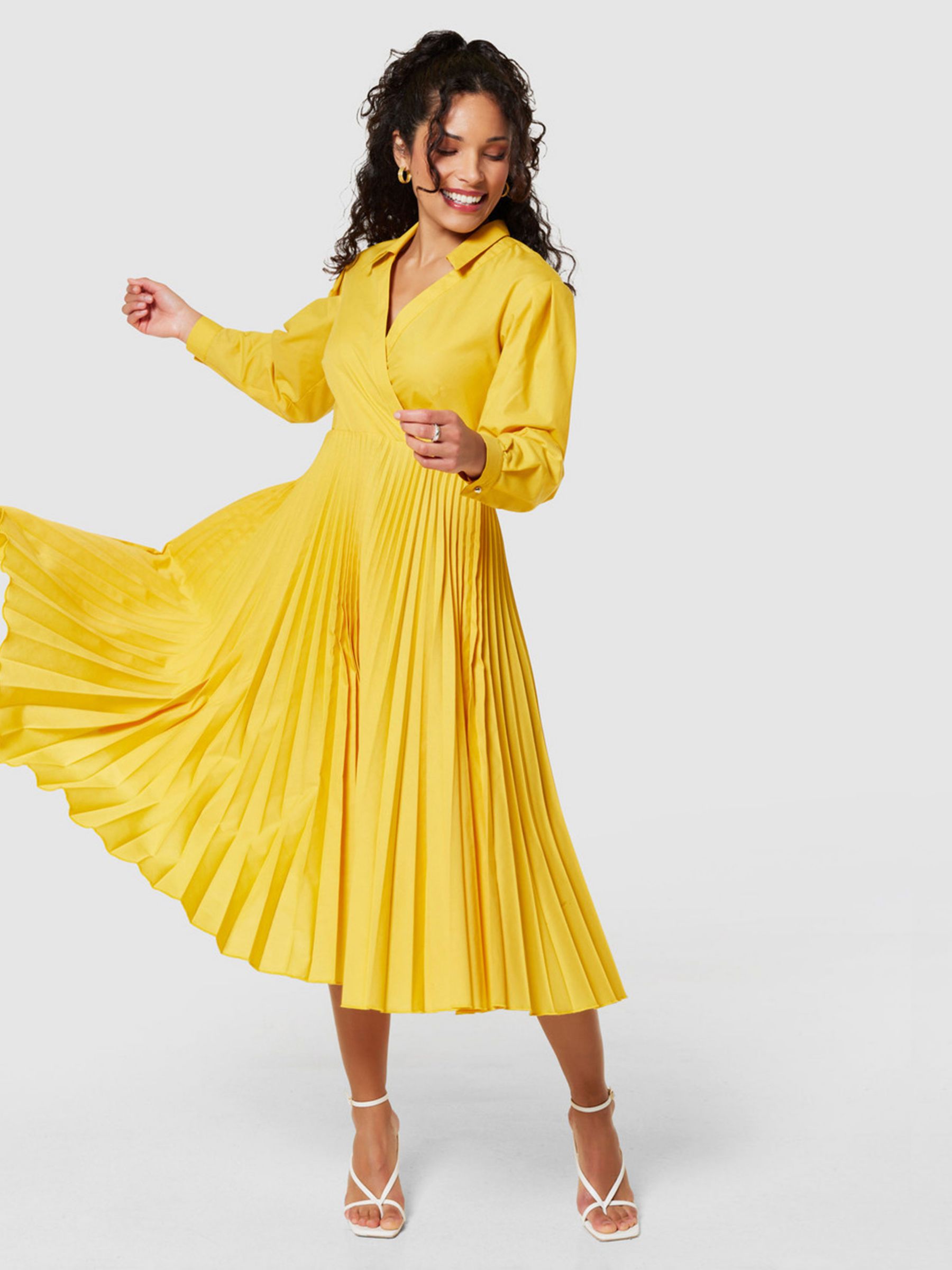 Closet London Pleated Wrap Midi Dress, Yellow at John Lewis & Partners