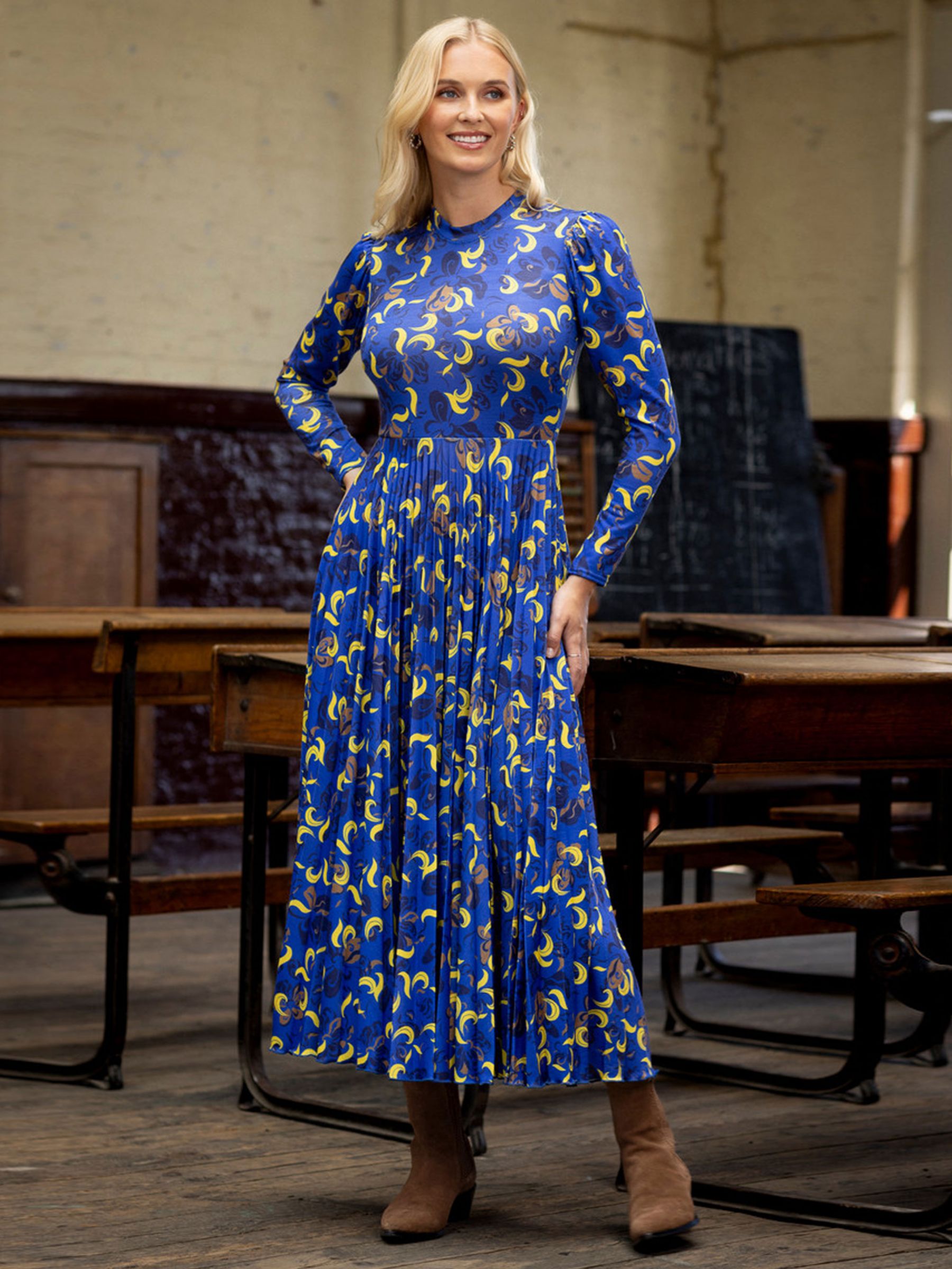 Closet London Swirl Pleat Midi Dress, Royal Blue